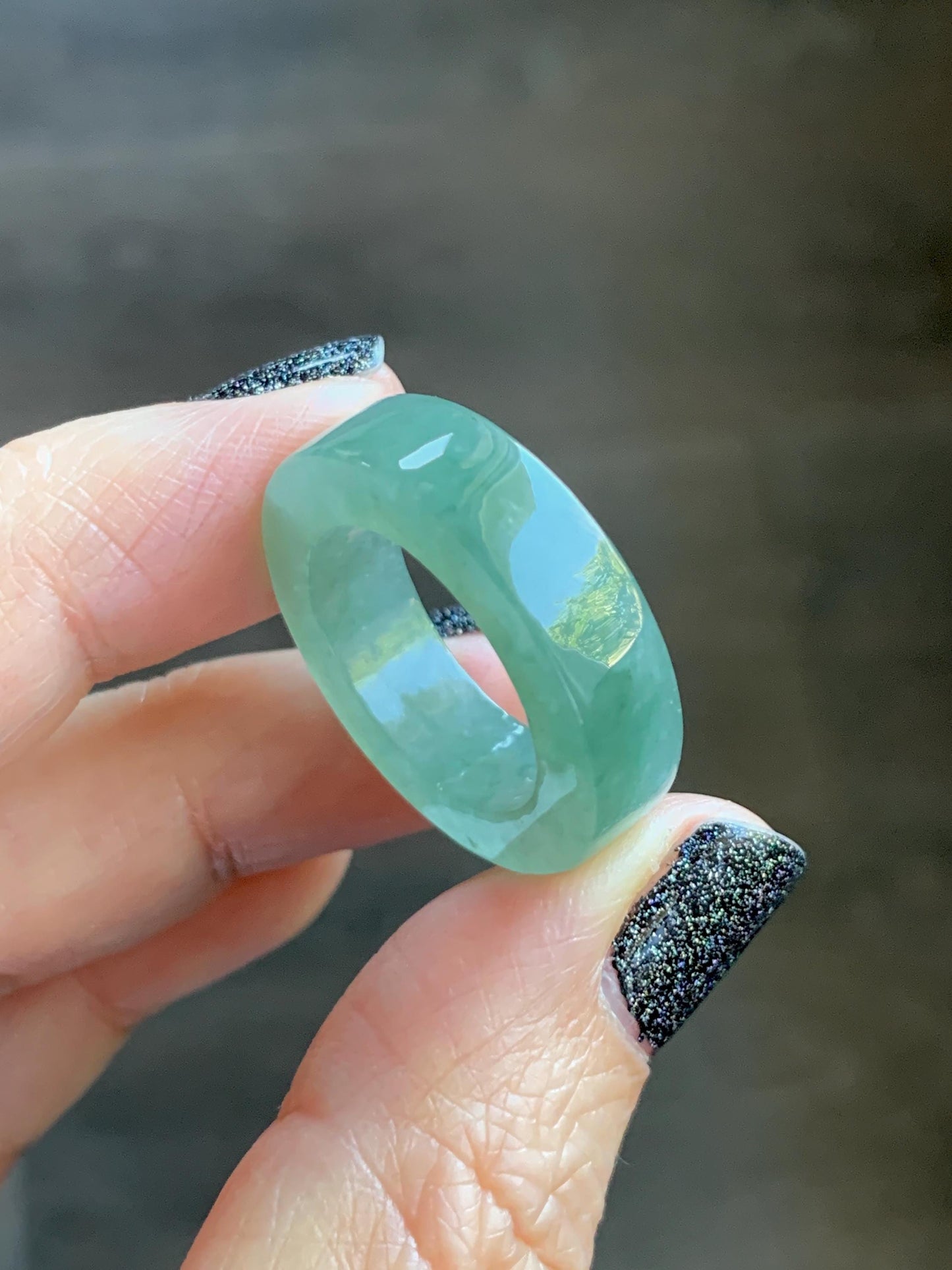Natural Grade A Icy Translucent Gelatinous Light Green Jade Jadeite Square Edged Band Ring Size 7.25 US 7g 天然冰胶晴色翡翠角戒戒圈 MQF128