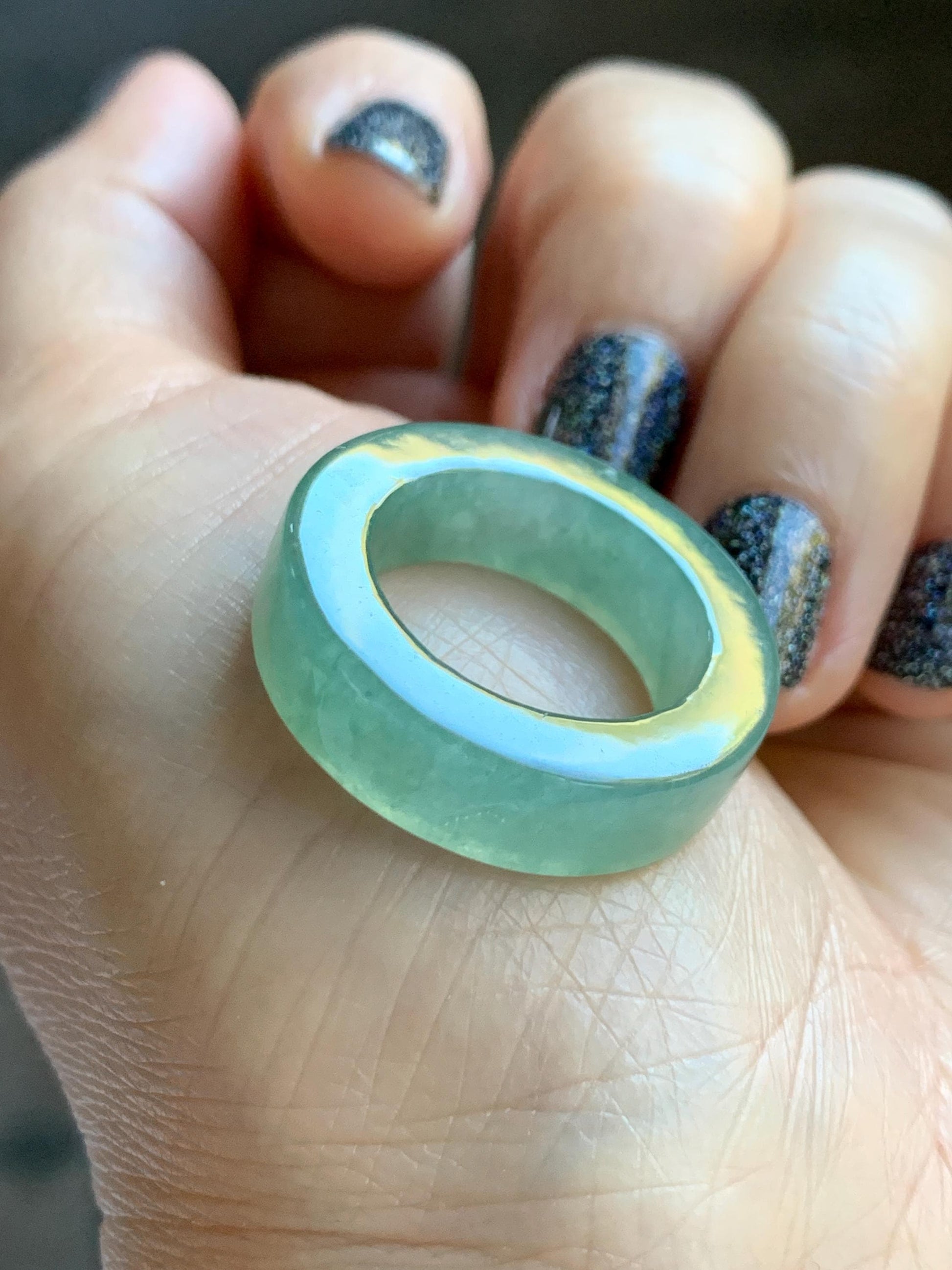 Natural Grade A Icy Translucent Gelatinous Light Green Jade Jadeite Square Edged Band Ring Size 7.25 US 7g 天然冰胶晴色翡翠角戒戒圈 MQF128