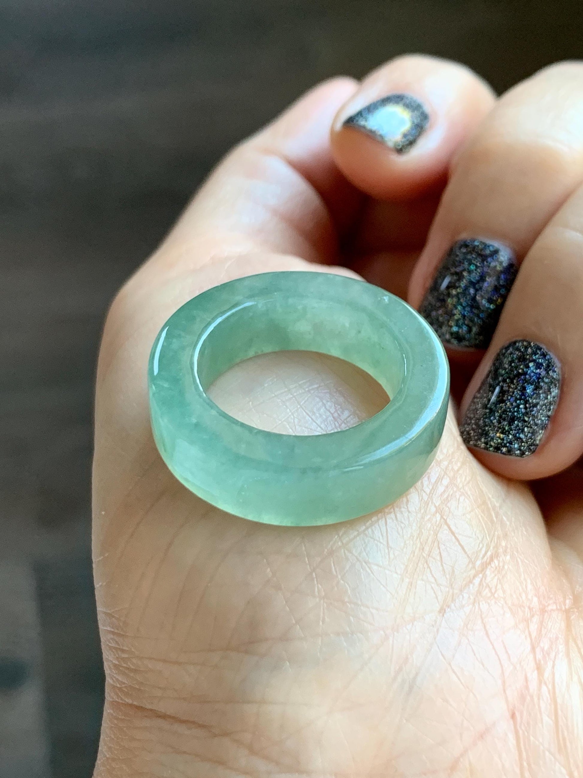 Natural Grade A Icy Translucent Gelatinous Light Green Jade Jadeite Square Edged Band Ring Size 7.25 US 7g 天然冰胶晴色翡翠角戒戒圈 MQF128