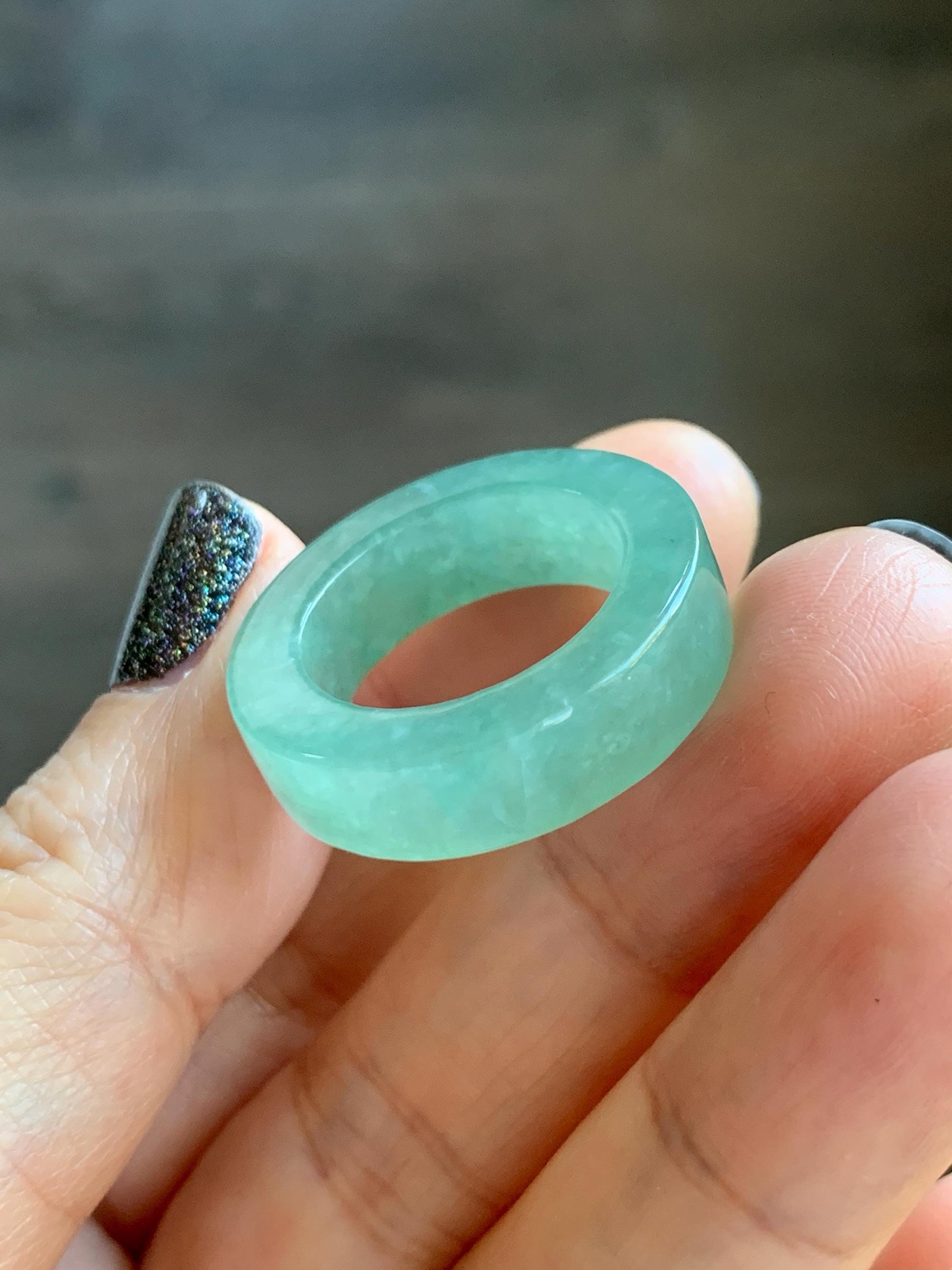 Natural Grade A Icy Translucent Gelatinous Light Green Jade Jadeite Square Edged Band Ring Size 7.25 US 7g 天然冰胶晴色翡翠角戒戒圈 MQF128