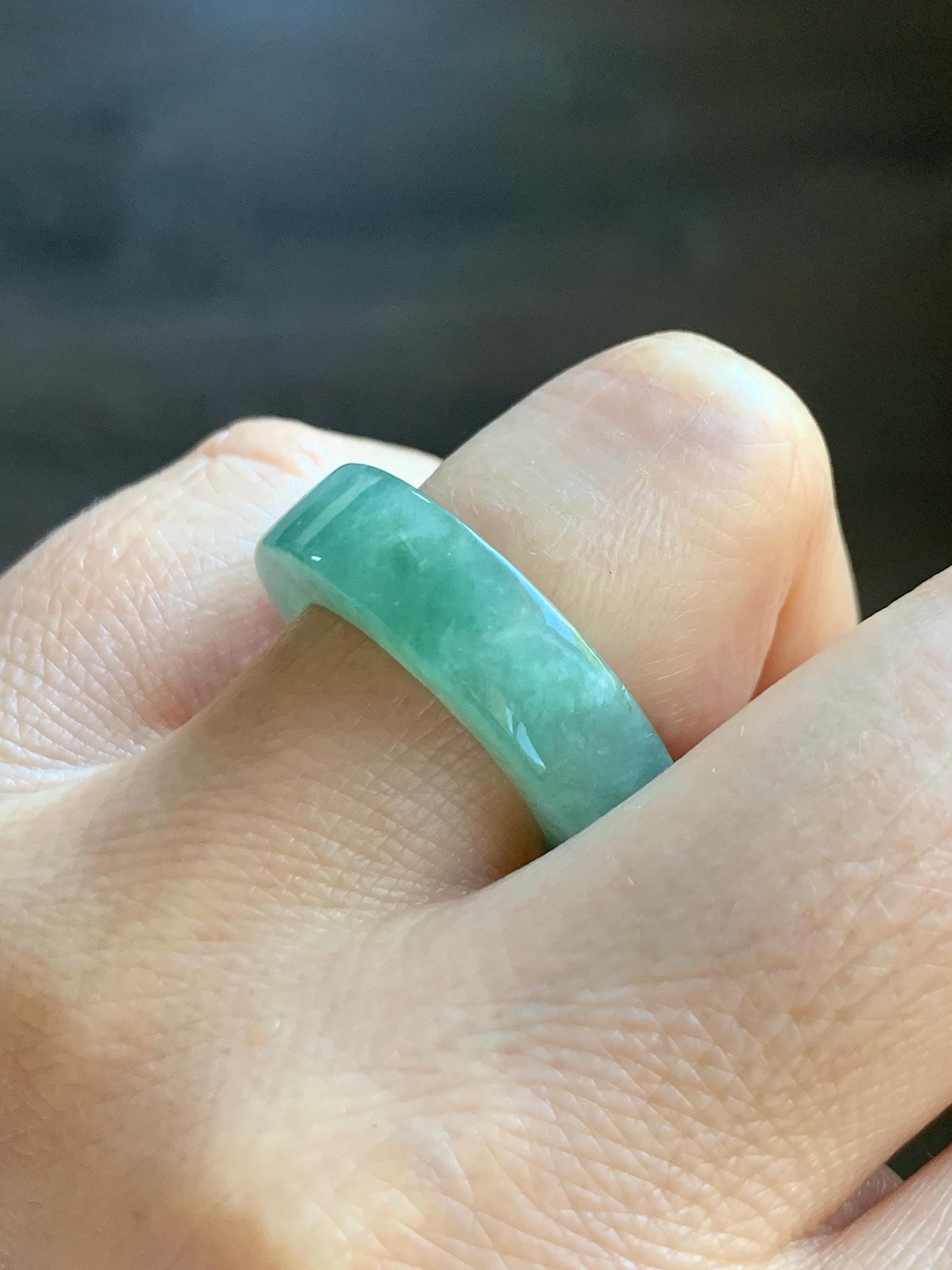 Natural Grade A Icy Translucent Gelatinous Light Green Jade Jadeite Square Edged Band Ring Size 7.25 US 7g 天然冰胶晴色翡翠角戒戒圈 MQF128