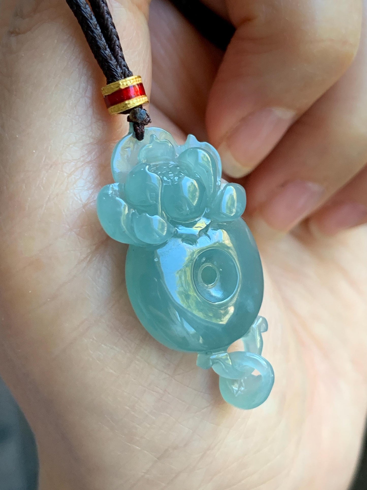Natural Grade A Guatemalan Icy Translucent Light Teal Blue Jade Jadeite Lotus Ping An Kou Donut Pendant Rope Necklace 天然冰危蓝翡翠莲花平安扣吊坠 WLPK220