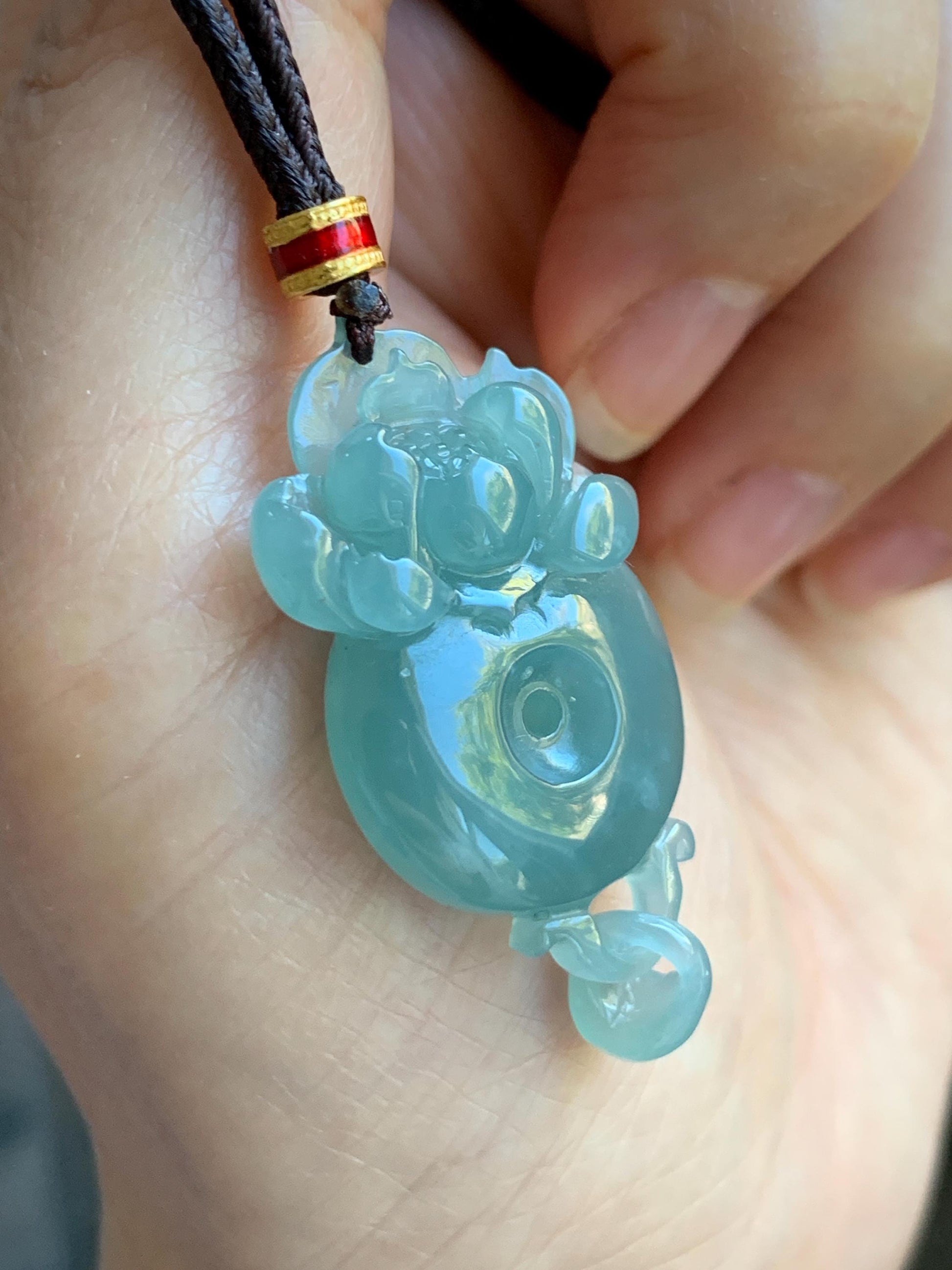 Natural Grade A Guatemalan Icy Translucent Light Teal Blue Jade Jadeite Lotus Ping An Kou Donut Pendant Rope Necklace 天然冰危蓝翡翠莲花平安扣吊坠 WLPK220