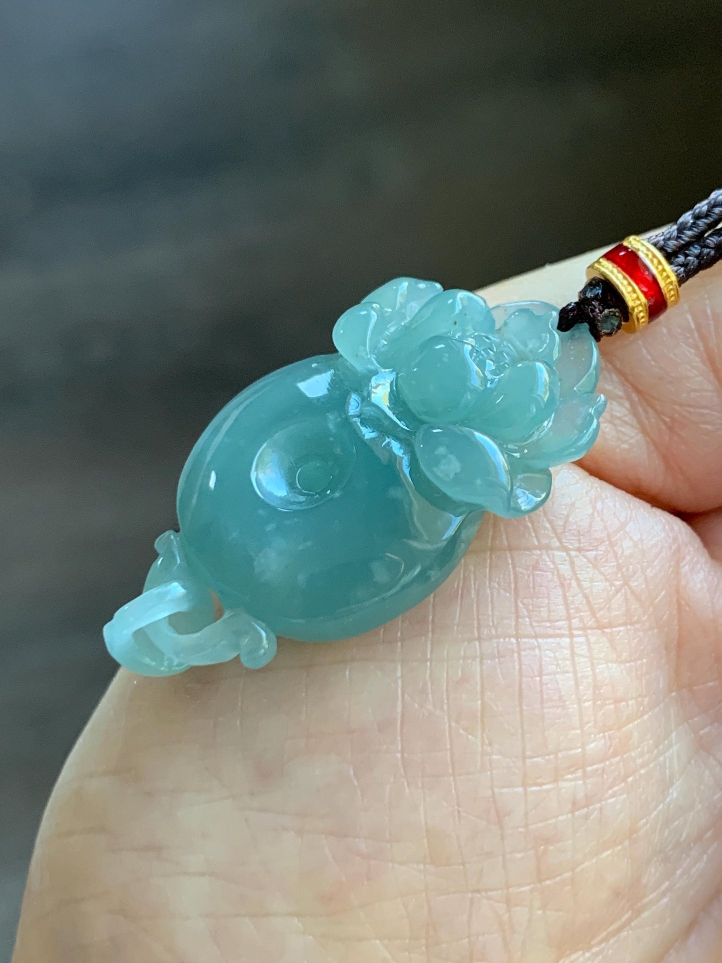 Natural Grade A Guatemalan Icy Translucent Light Teal Blue Jade Jadeite Lotus Ping An Kou Donut Pendant Rope Necklace 天然冰危蓝翡翠莲花平安扣吊坠 WLPK220