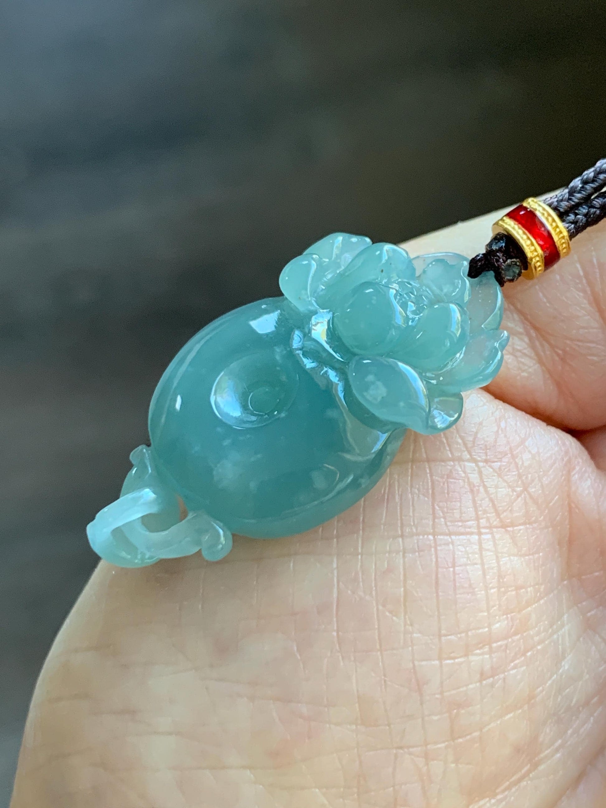 Natural Grade A Guatemalan Icy Translucent Light Teal Blue Jade Jadeite Lotus Ping An Kou Donut Pendant Rope Necklace 天然冰危蓝翡翠莲花平安扣吊坠 WLPK220