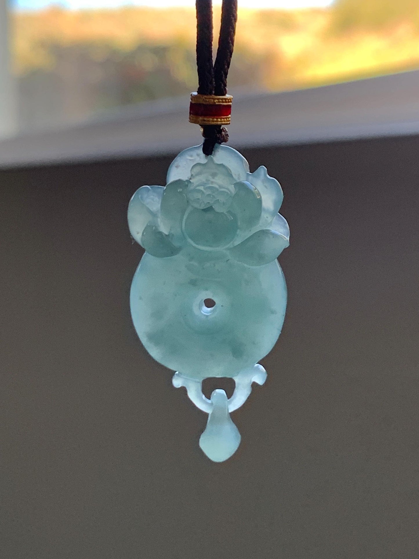Natural Grade A Guatemalan Icy Translucent Light Teal Blue Jade Jadeite Lotus Ping An Kou Donut Pendant Rope Necklace 天然冰危蓝翡翠莲花平安扣吊坠 WLPK220