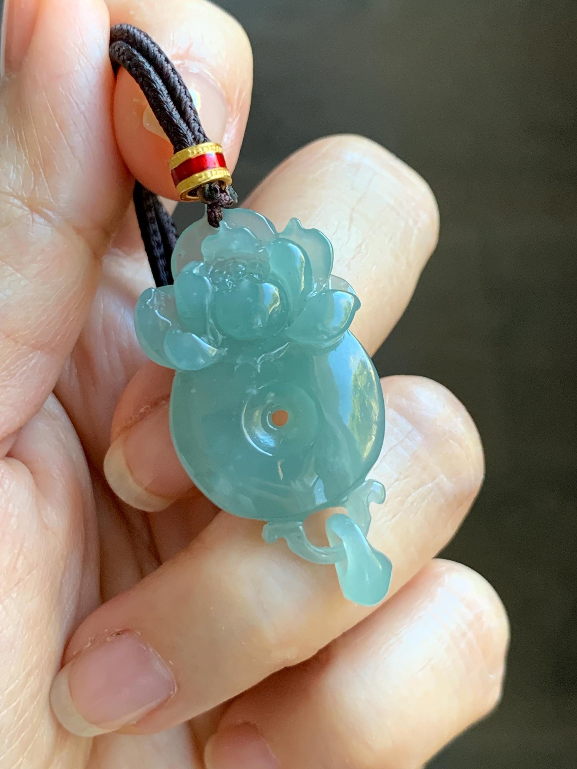 Natural Grade A Guatemalan Icy Translucent Light Teal Blue Jade Jadeite Lotus Ping An Kou Donut Pendant Rope Necklace 天然冰危蓝翡翠莲花平安扣吊坠 WLPK220