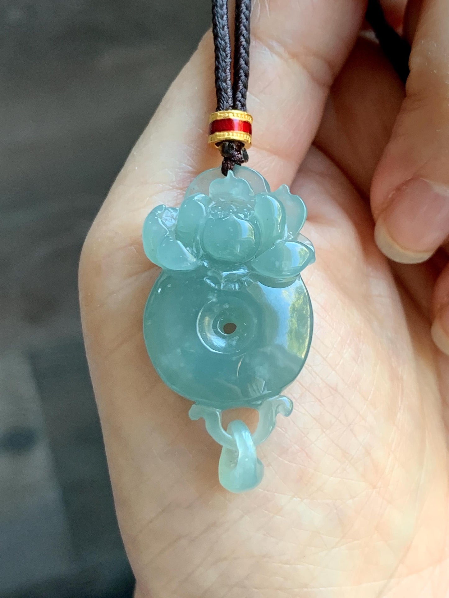 Natural Grade A Guatemalan Icy Translucent Light Teal Blue Jade Jadeite Lotus Ping An Kou Donut Pendant Rope Necklace 天然冰危蓝翡翠莲花平安扣吊坠 WLPK220