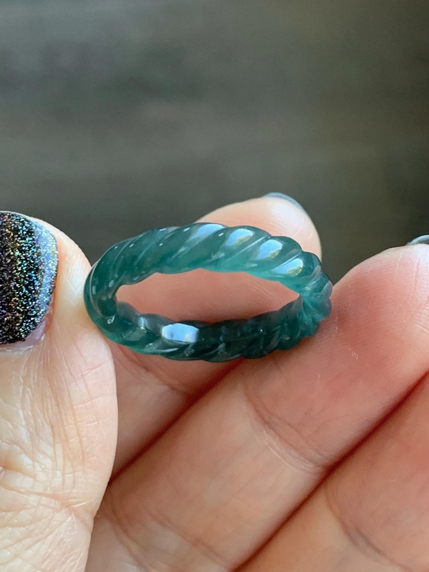 Natural Grade A Guatemalan Icy Translucent Gelatinous Dark Teal Blue Jade Jadeite Carved Braid Band Ring Size 7.5 US 天然冰胶危蓝水翡翠麻花戒圈 MHW66A