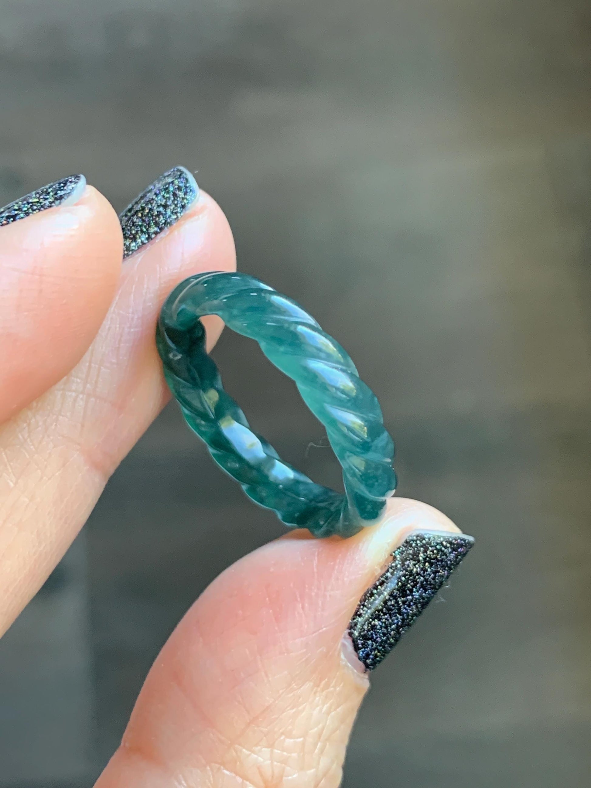 Natural Grade A Guatemalan Icy Translucent Gelatinous Dark Teal Blue Jade Jadeite Carved Braid Band Ring Size 7.5 US 天然冰胶危蓝水翡翠麻花戒圈 MHW66A