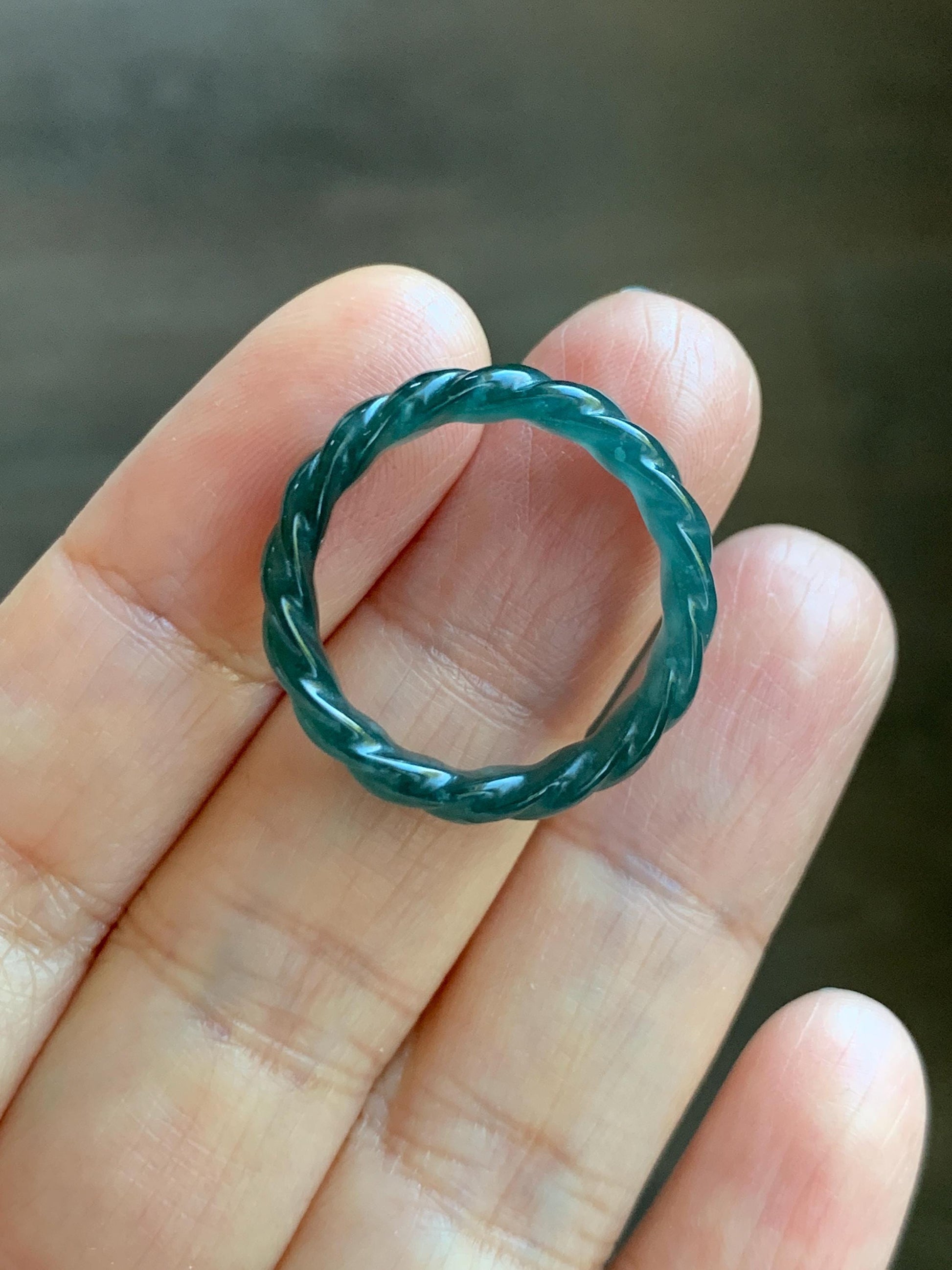 Natural Grade A Guatemalan Icy Translucent Gelatinous Dark Teal Blue Jade Jadeite Carved Braid Band Ring Size 7.5 US 天然冰胶危蓝水翡翠麻花戒圈 MHW66A
