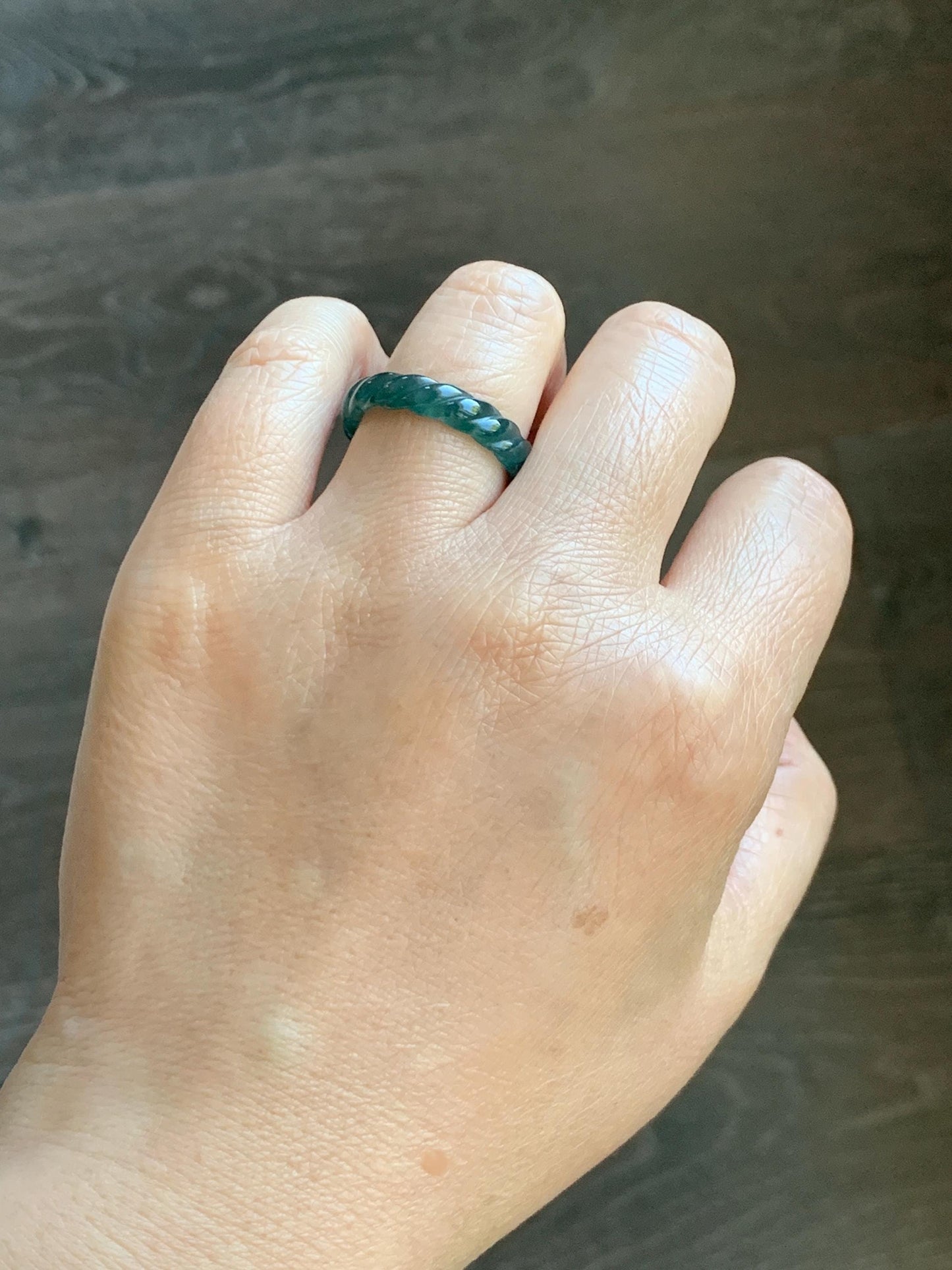 Natural Grade A Guatemalan Icy Translucent Gelatinous Dark Teal Blue Jade Jadeite Carved Braid Band Ring Size 7.5 US 天然冰胶危蓝水翡翠麻花戒圈 MHW66A