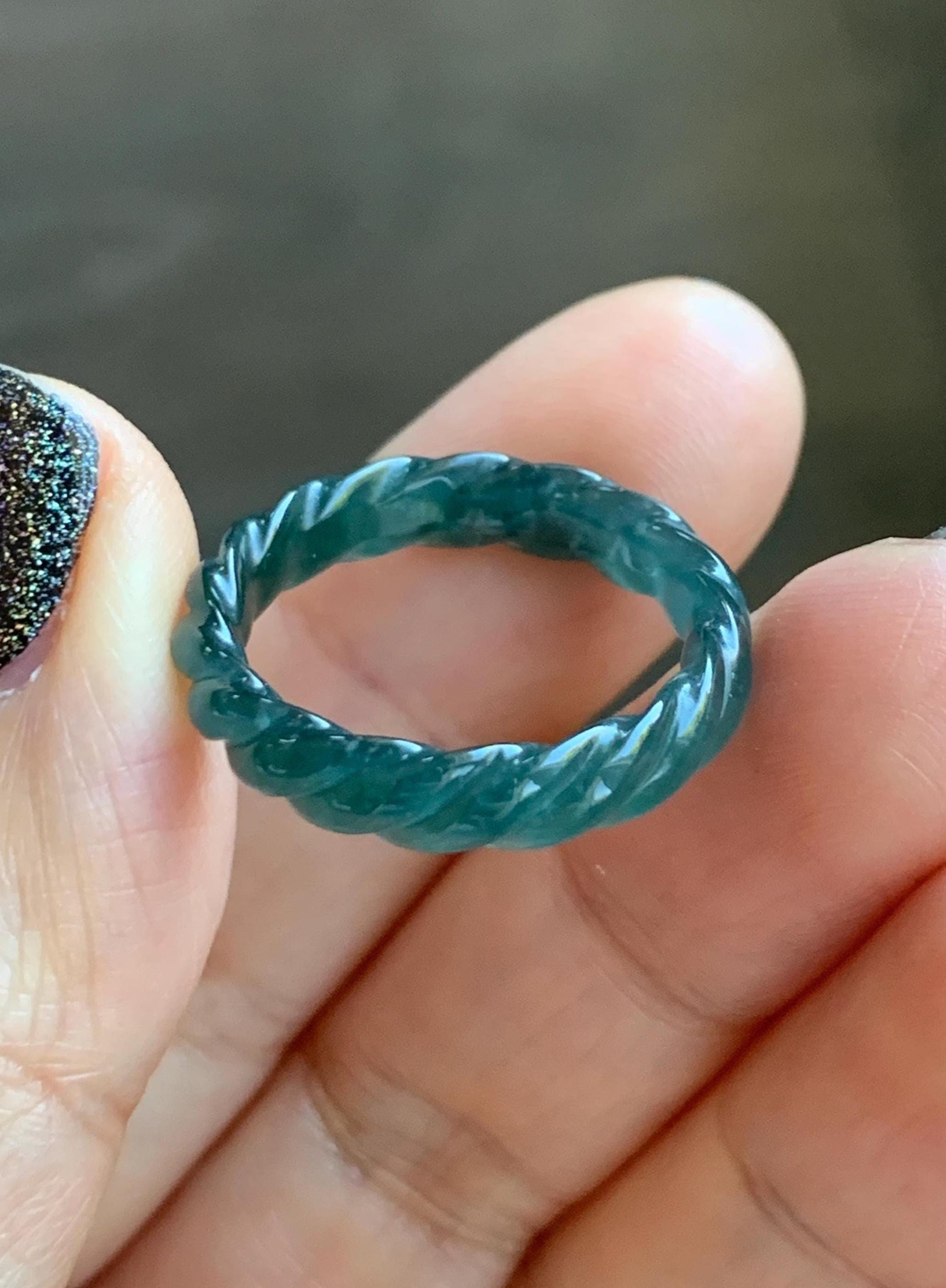 Natural Grade A Guatemalan Icy Translucent Gelatinous Dark Teal Blue Jade Jadeite Carved Braid Band Ring Size 7.5 US 天然冰胶危蓝水翡翠麻花戒圈 MHW66A