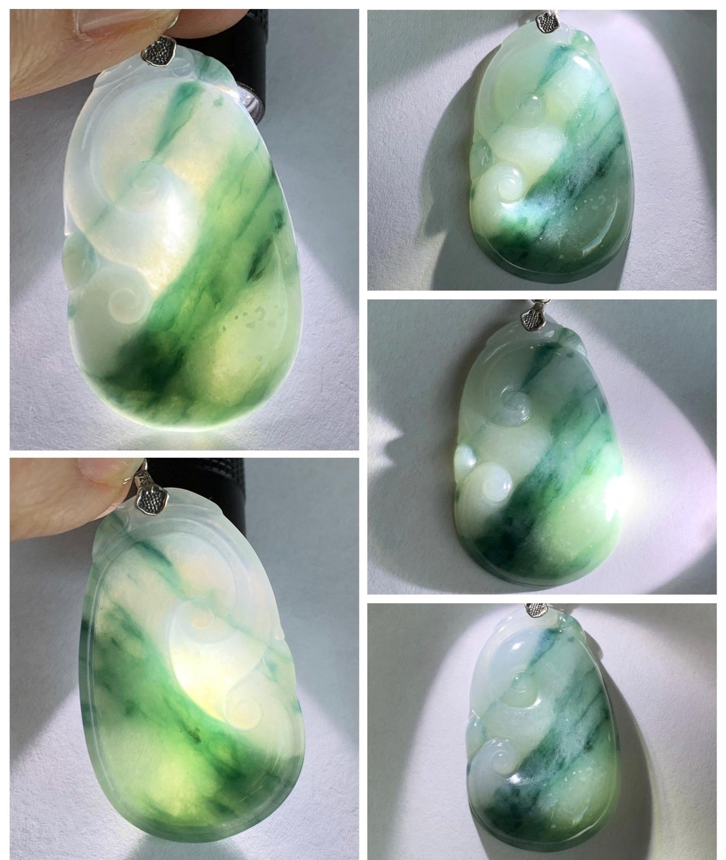 Natural Grade A Icy Translucent Dark Teal Green Marbled Jade Jadeite Ruyi Pendant Sterling Silver 13g 天然细糯飘花翡翠如意吊坠 MPR146A