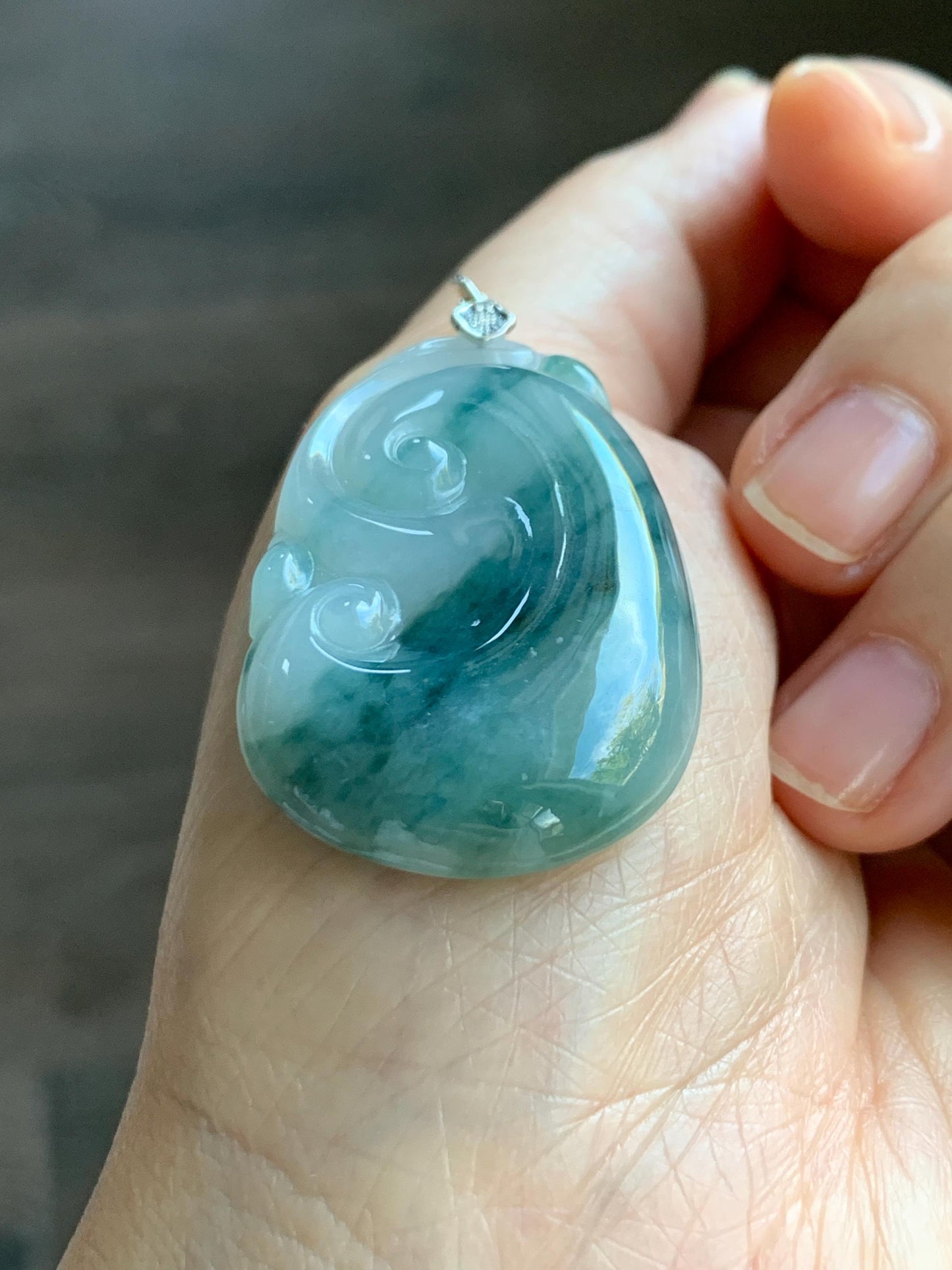 Natural Grade A Icy Translucent Dark Teal Green Marbled Jade Jadeite Ruyi Pendant Sterling Silver 13g 天然细糯飘花翡翠如意吊坠 MPR146A