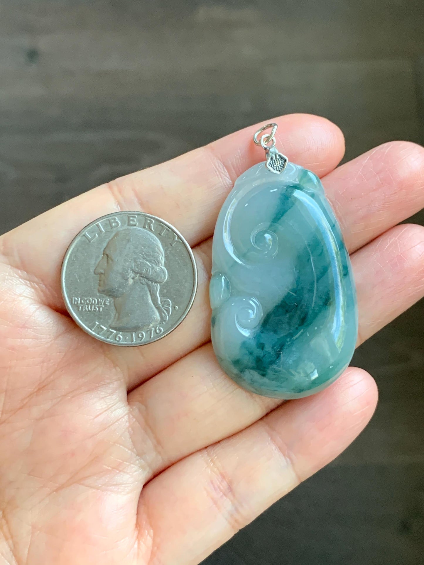 Natural Grade A Icy Translucent Dark Teal Green Marbled Jade Jadeite Ruyi Pendant Sterling Silver 13g 天然细糯飘花翡翠如意吊坠 MPR146A