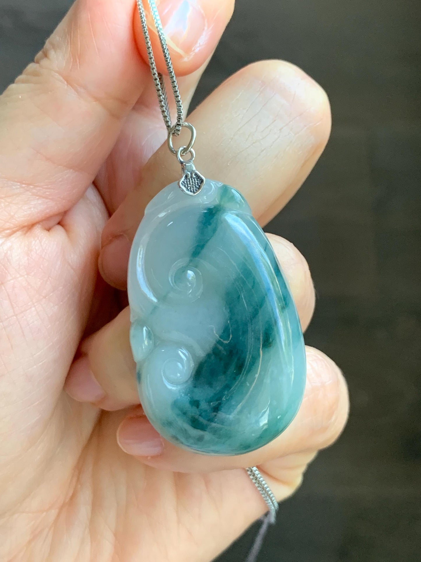 Natural Grade A Icy Translucent Dark Teal Green Marbled Jade Jadeite Ruyi Pendant Sterling Silver 13g 天然细糯飘花翡翠如意吊坠 MPR146A