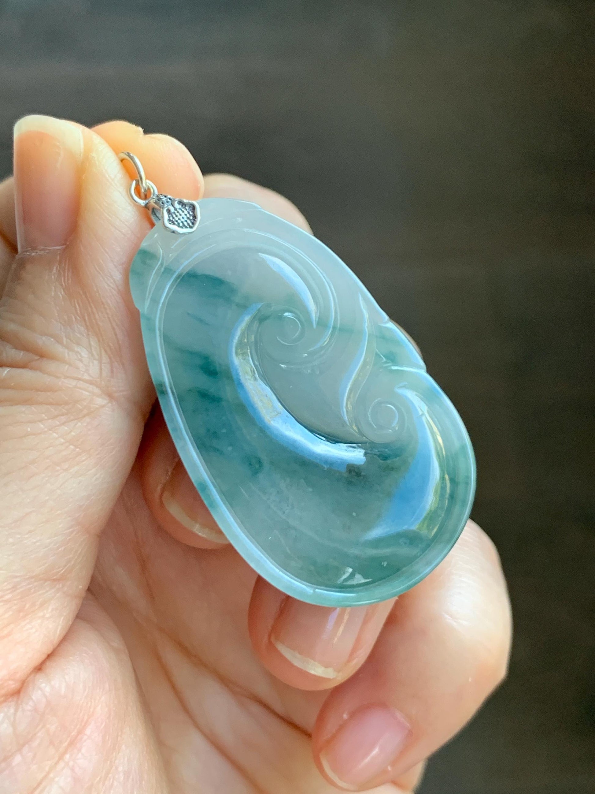 Natural Grade A Icy Translucent Dark Teal Green Marbled Jade Jadeite Ruyi Pendant Sterling Silver 13g 天然细糯飘花翡翠如意吊坠 MPR146A