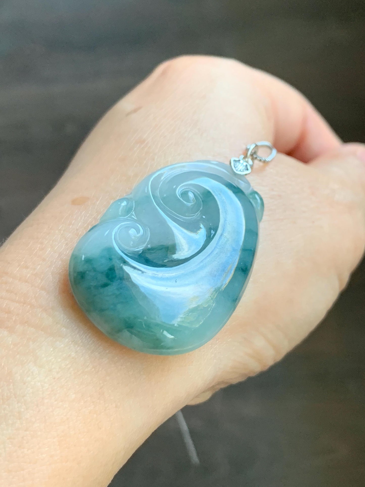 Natural Grade A Icy Translucent Dark Teal Green Marbled Jade Jadeite Ruyi Pendant Sterling Silver 13g 天然细糯飘花翡翠如意吊坠 MPR146A