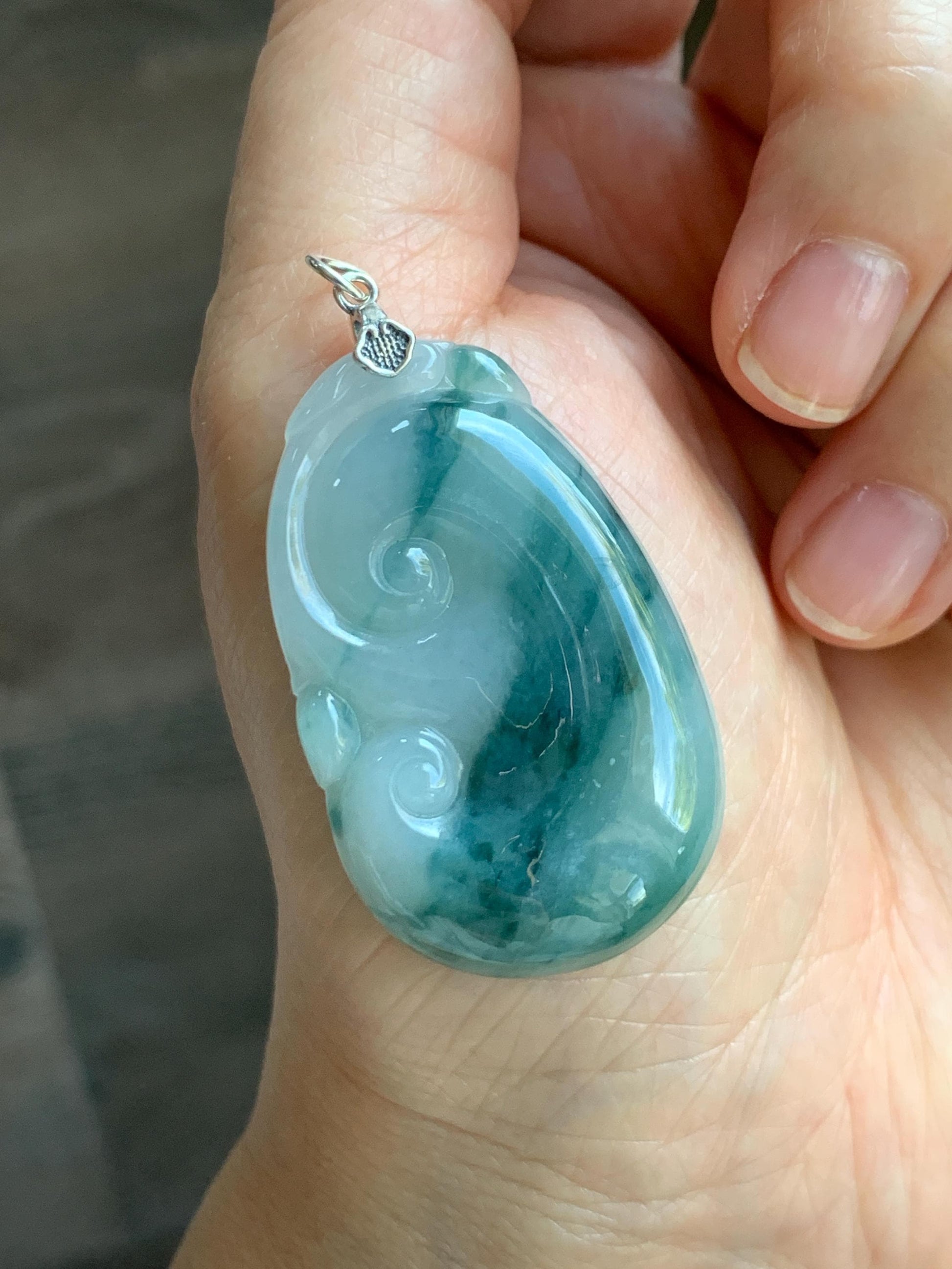 Natural Grade A Icy Translucent Dark Teal Green Marbled Jade Jadeite Ruyi Pendant Sterling Silver 13g 天然细糯飘花翡翠如意吊坠 MPR146A