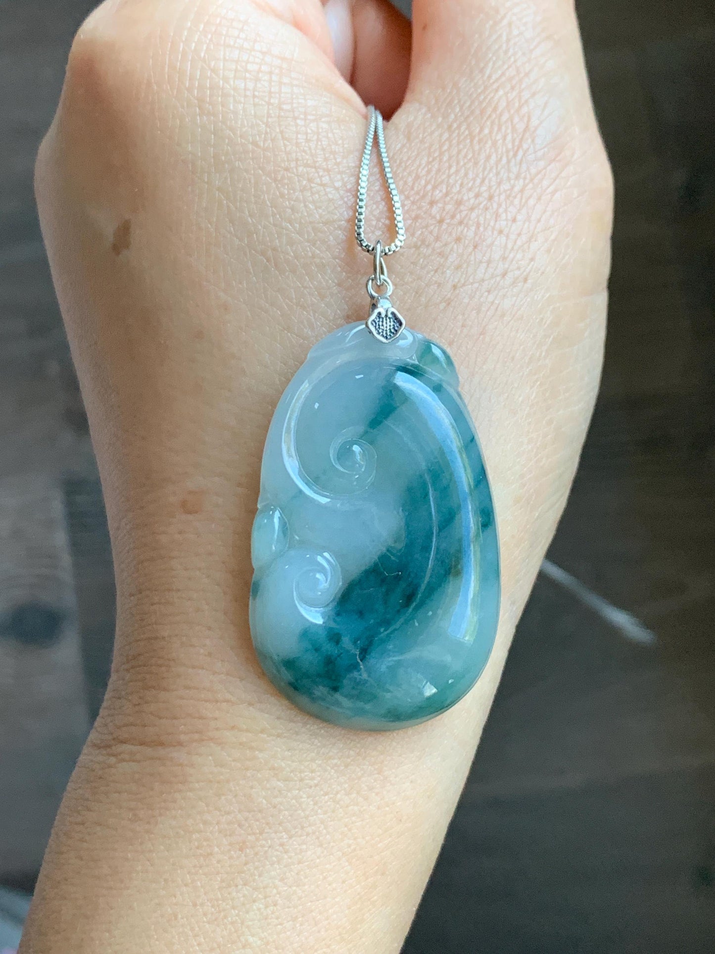 Natural Grade A Icy Translucent Dark Teal Green Marbled Jade Jadeite Ruyi Pendant Sterling Silver 13g 天然细糯飘花翡翠如意吊坠 MPR146A
