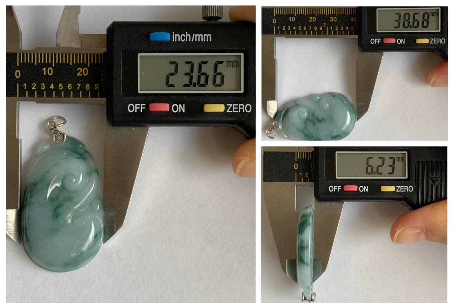 Natural Grade A Icy Translucent Dark Teal Green Marbled Jade Jadeite Ruyi Pendant Sterling Silver 11g 天然细糯飘花翡翠如意吊坠 MPR146B