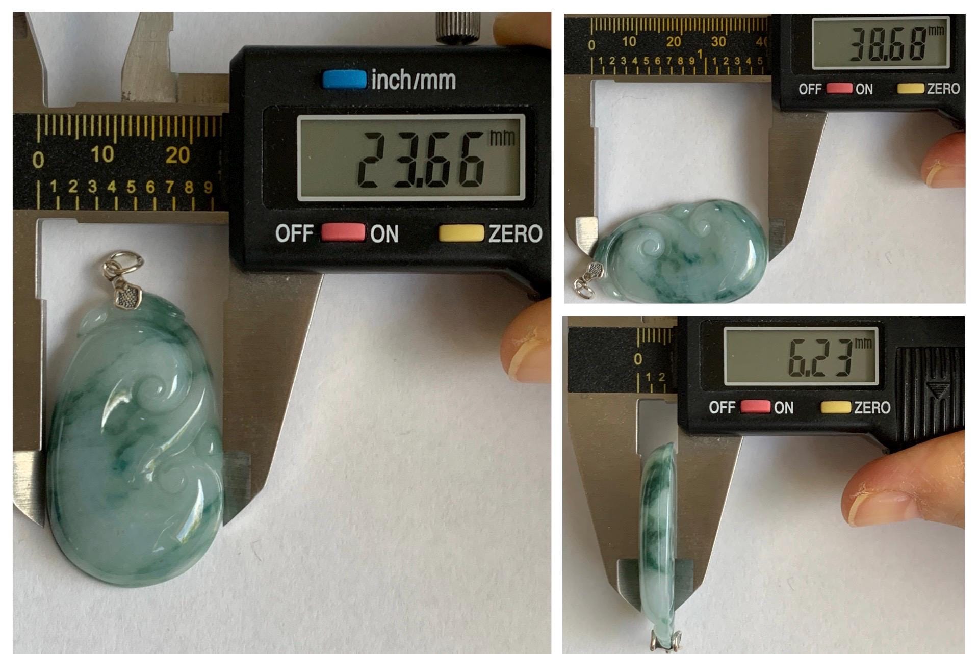 Natural Grade A Icy Translucent Dark Teal Green Marbled Jade Jadeite Ruyi Pendant Sterling Silver 11g 天然细糯飘花翡翠如意吊坠 MPR146B