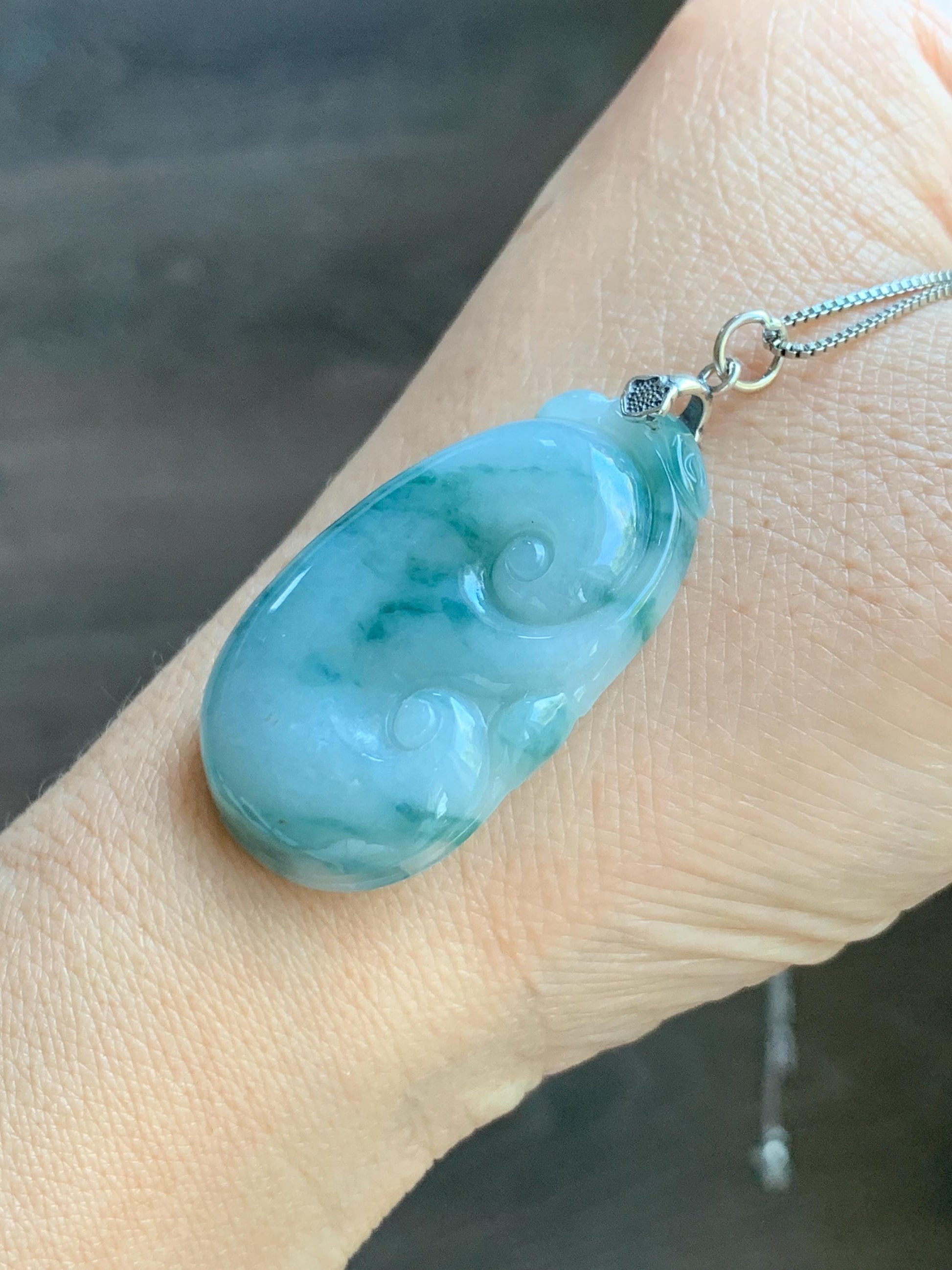 Natural Grade A Icy Translucent Dark Teal Green Marbled Jade Jadeite Ruyi Pendant Sterling Silver 11g 天然细糯飘花翡翠如意吊坠 MPR146B