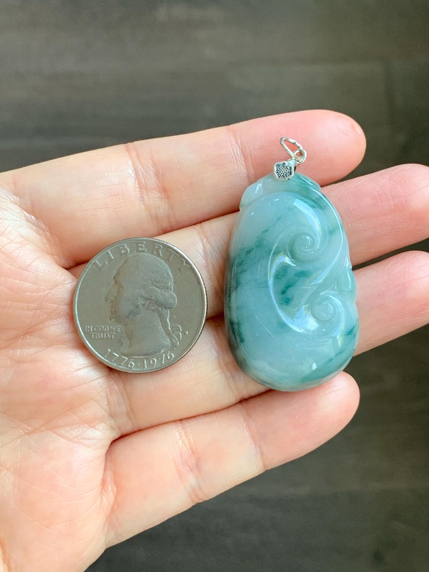 Natural Grade A Icy Translucent Dark Teal Green Marbled Jade Jadeite Ruyi Pendant Sterling Silver 11g 天然细糯飘花翡翠如意吊坠 MPR146B