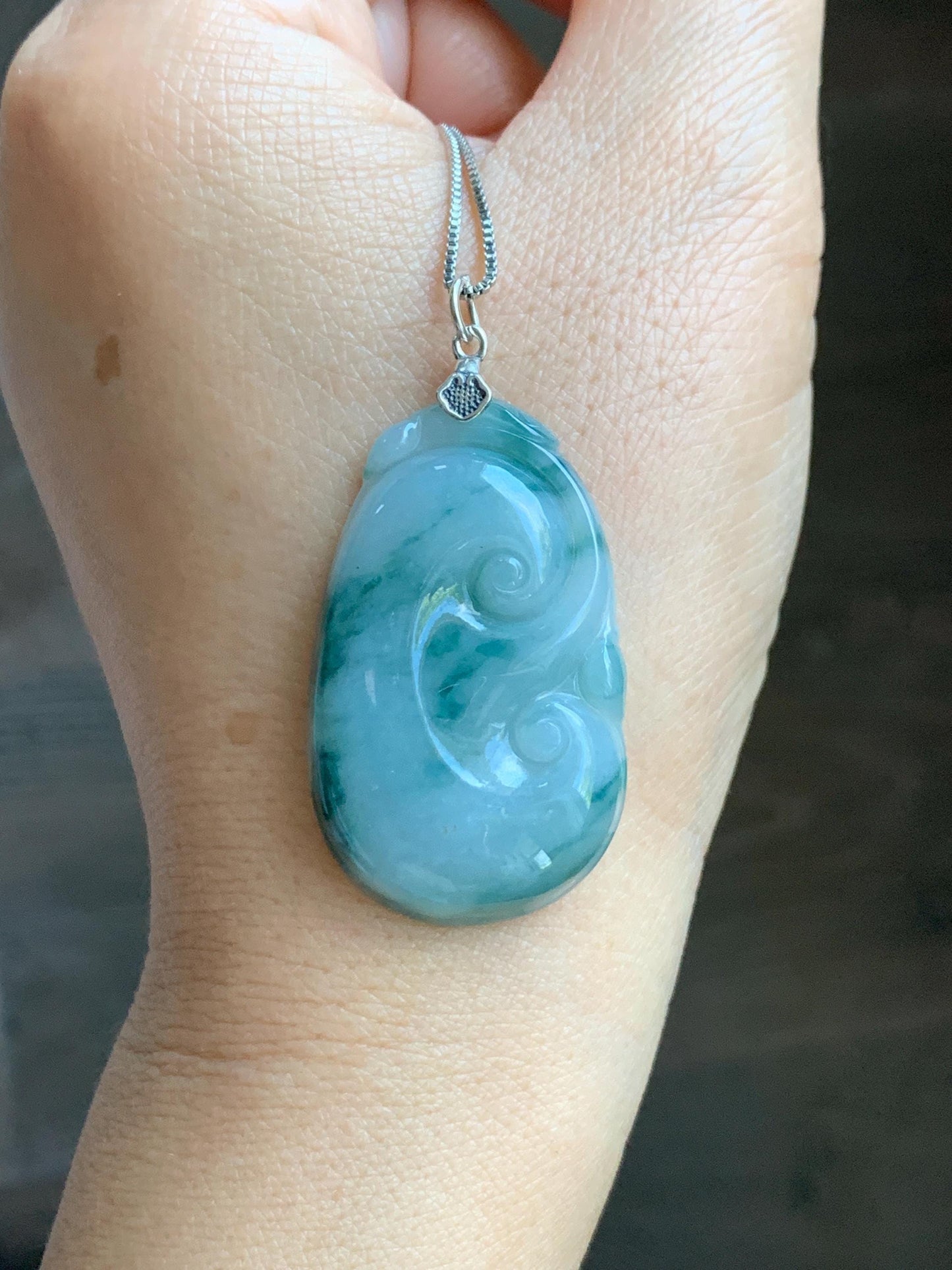 Natural Grade A Icy Translucent Dark Teal Green Marbled Jade Jadeite Ruyi Pendant Sterling Silver 11g 天然细糯飘花翡翠如意吊坠 MPR146B