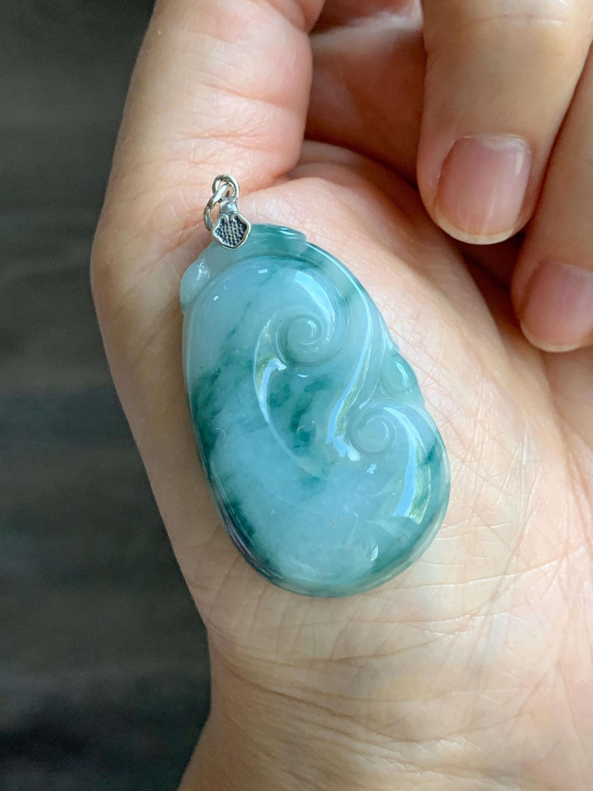 Natural Grade A Icy Translucent Dark Teal Green Marbled Jade Jadeite Ruyi Pendant Sterling Silver 11g 天然细糯飘花翡翠如意吊坠 MPR146B