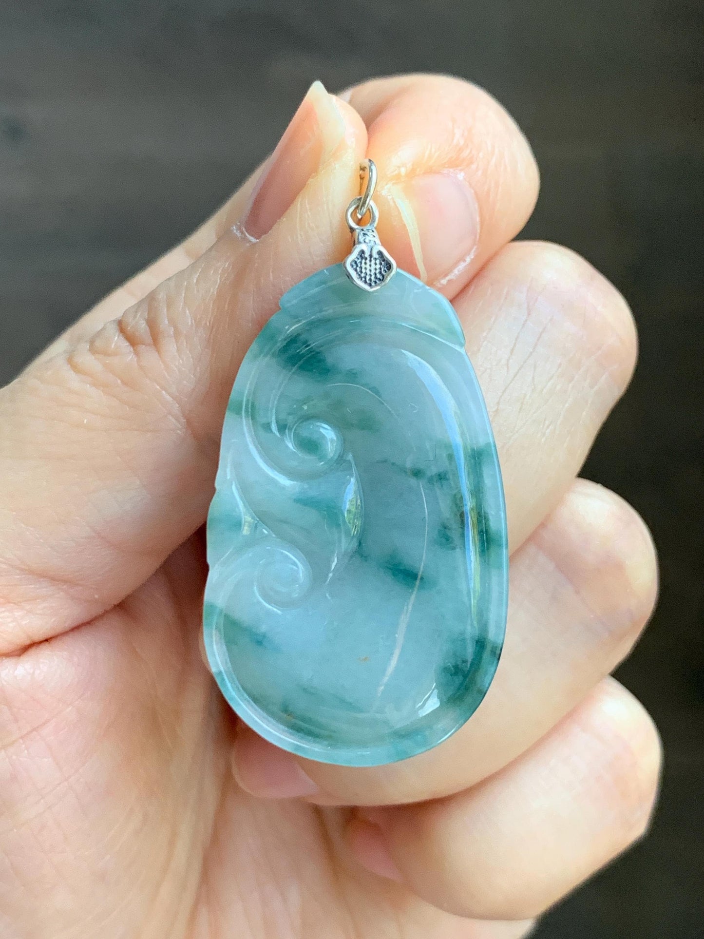 Natural Grade A Icy Translucent Dark Teal Green Marbled Jade Jadeite Ruyi Pendant Sterling Silver 11g 天然细糯飘花翡翠如意吊坠 MPR146B