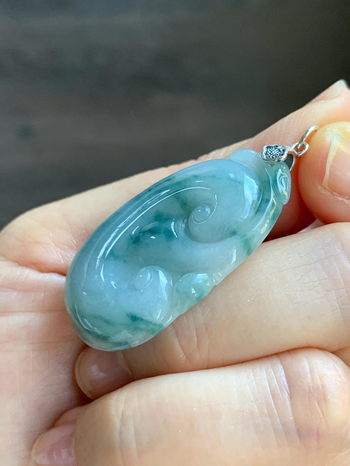 Natural Grade A Icy Translucent Dark Teal Green Marbled Jade Jadeite Ruyi Pendant Sterling Silver 11g 天然细糯飘花翡翠如意吊坠 MPR146B