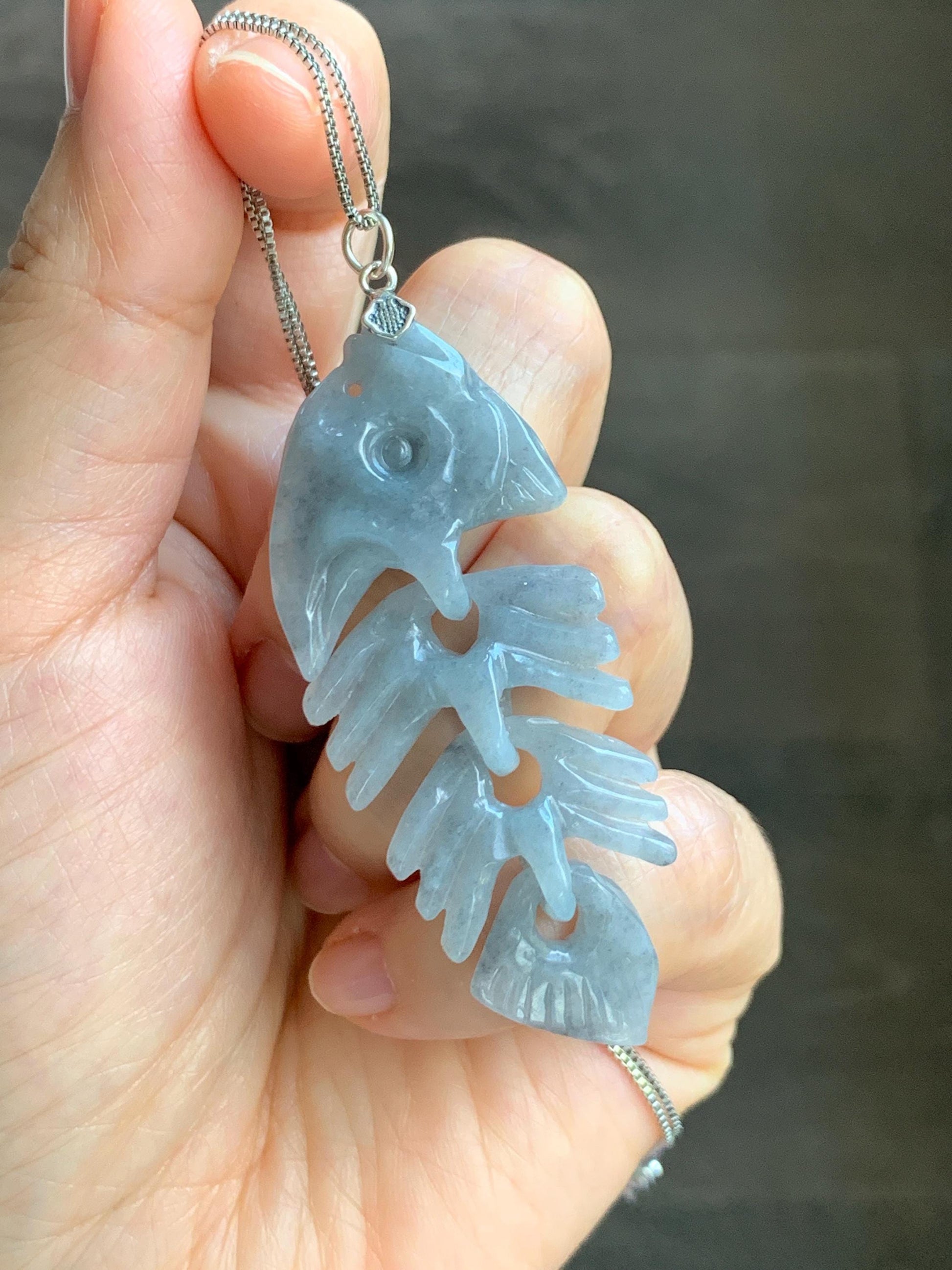 Natural Grade A Icy Translucent Light Gray Wuji Jade Jadeite Fish Bone Pendant Sterling Silver 10g 天然细糯乌鸡翡翠鱼骨头吊坠 MWY220