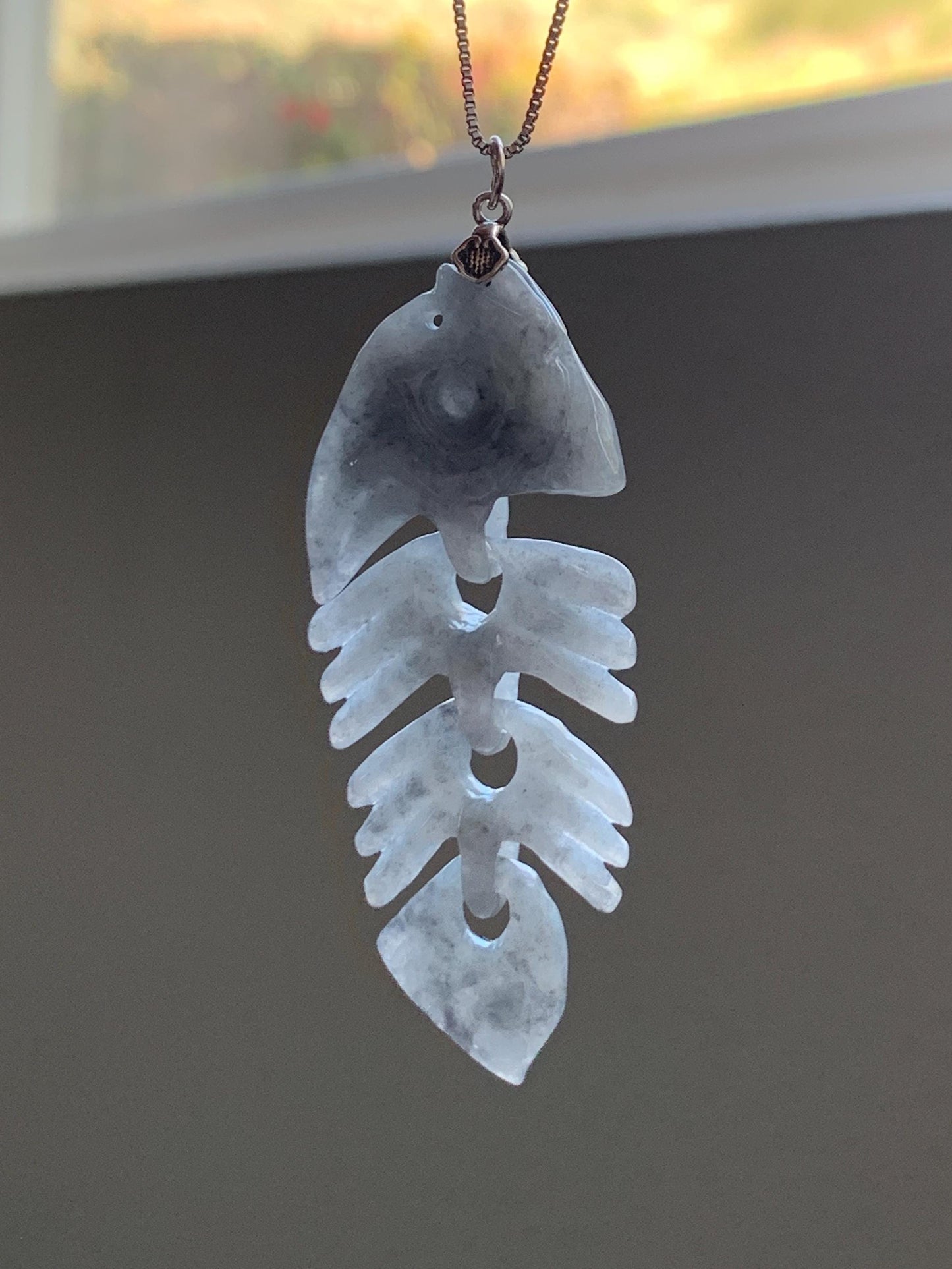 Natural Grade A Icy Translucent Light Gray Wuji Jade Jadeite Fish Bone Pendant Sterling Silver 10g 天然细糯乌鸡翡翠鱼骨头吊坠 MWY220