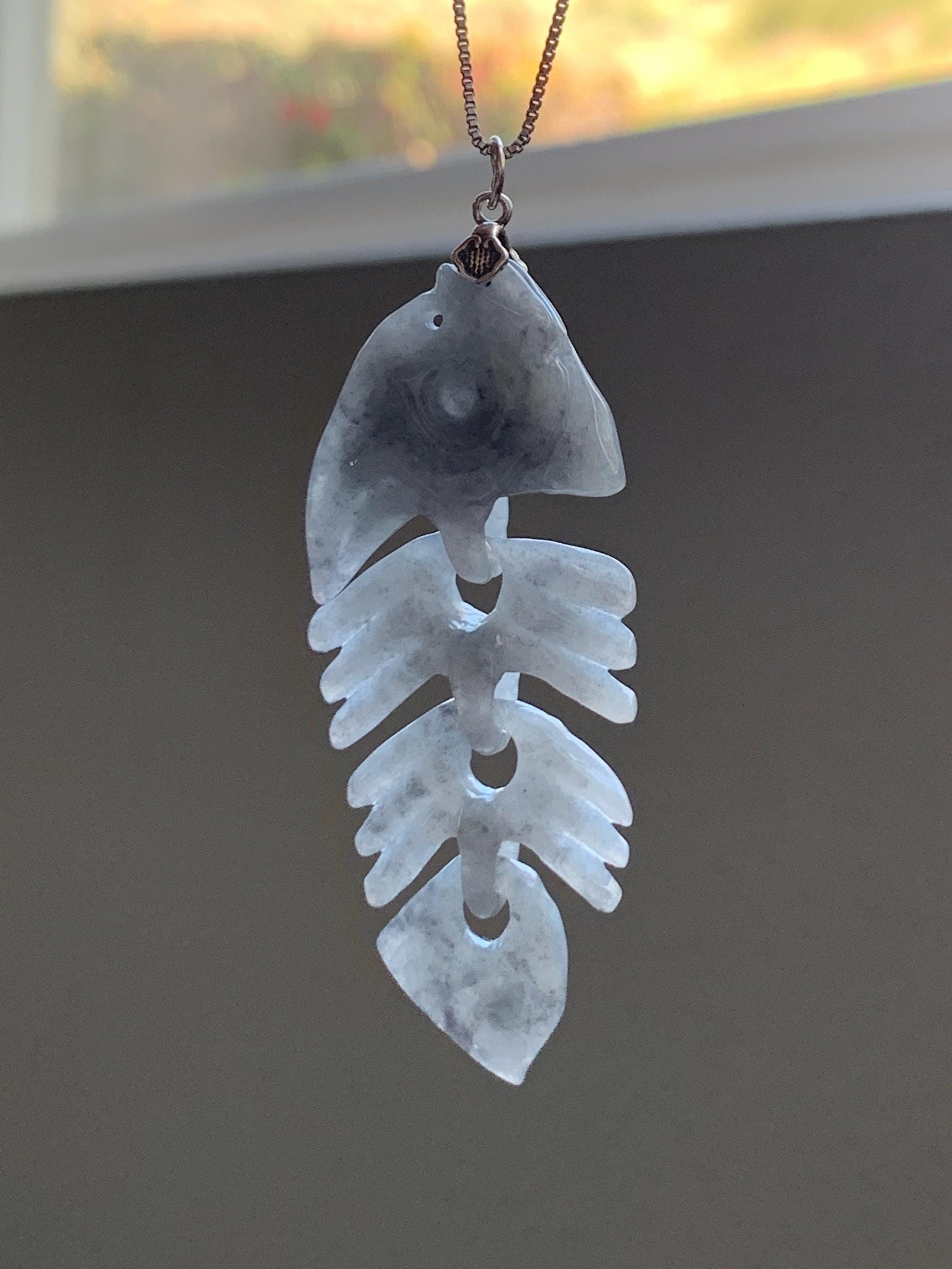Natural Grade A Icy Translucent Light Gray Wuji Jade Jadeite Fish Bone Pendant Sterling Silver 10g 天然细糯乌鸡翡翠鱼骨头吊坠 MWY220