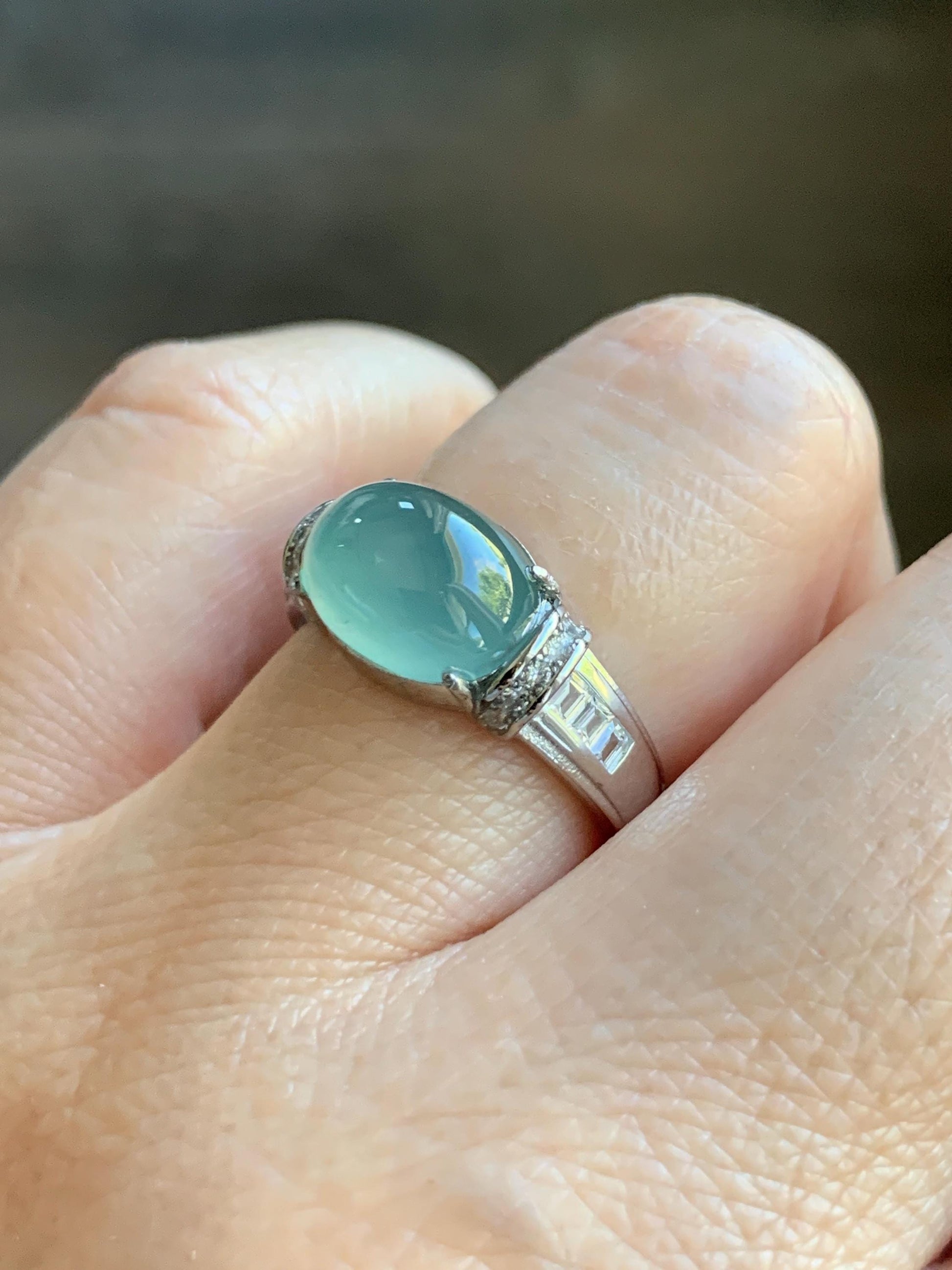 Natural Grade A Guatemalan Icy Translucent Light Teal Green Oval Jade Jadeite Ring Sterling Silver Size Adjustable 天然冰危浅蓝绿翡翠银镶戒指 JDX132A