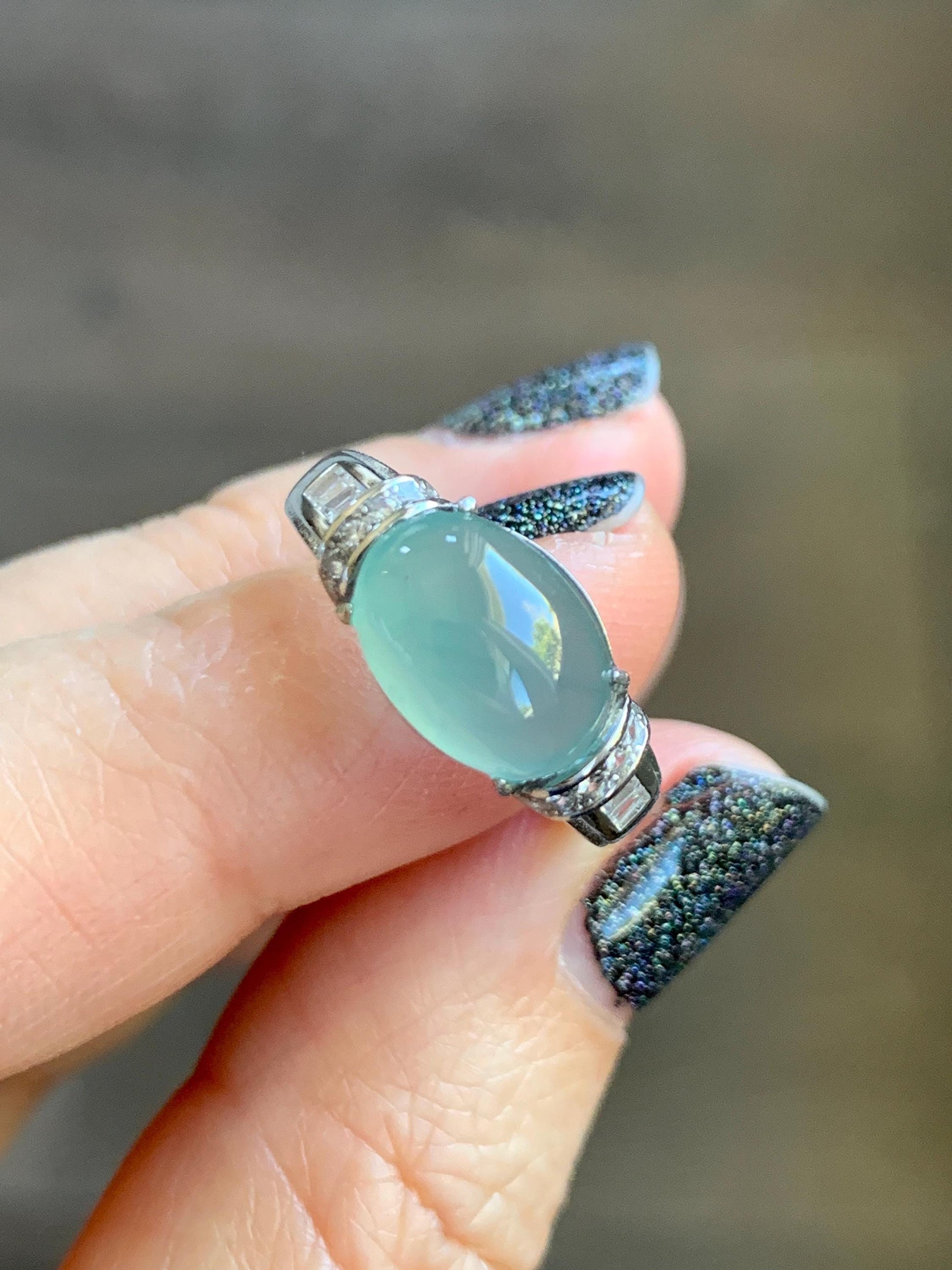 Natural Grade A Guatemalan Icy Translucent Light Teal Green Oval Jade Jadeite Ring Sterling Silver Size Adjustable 天然冰危浅蓝绿翡翠银镶戒指 JDX132A