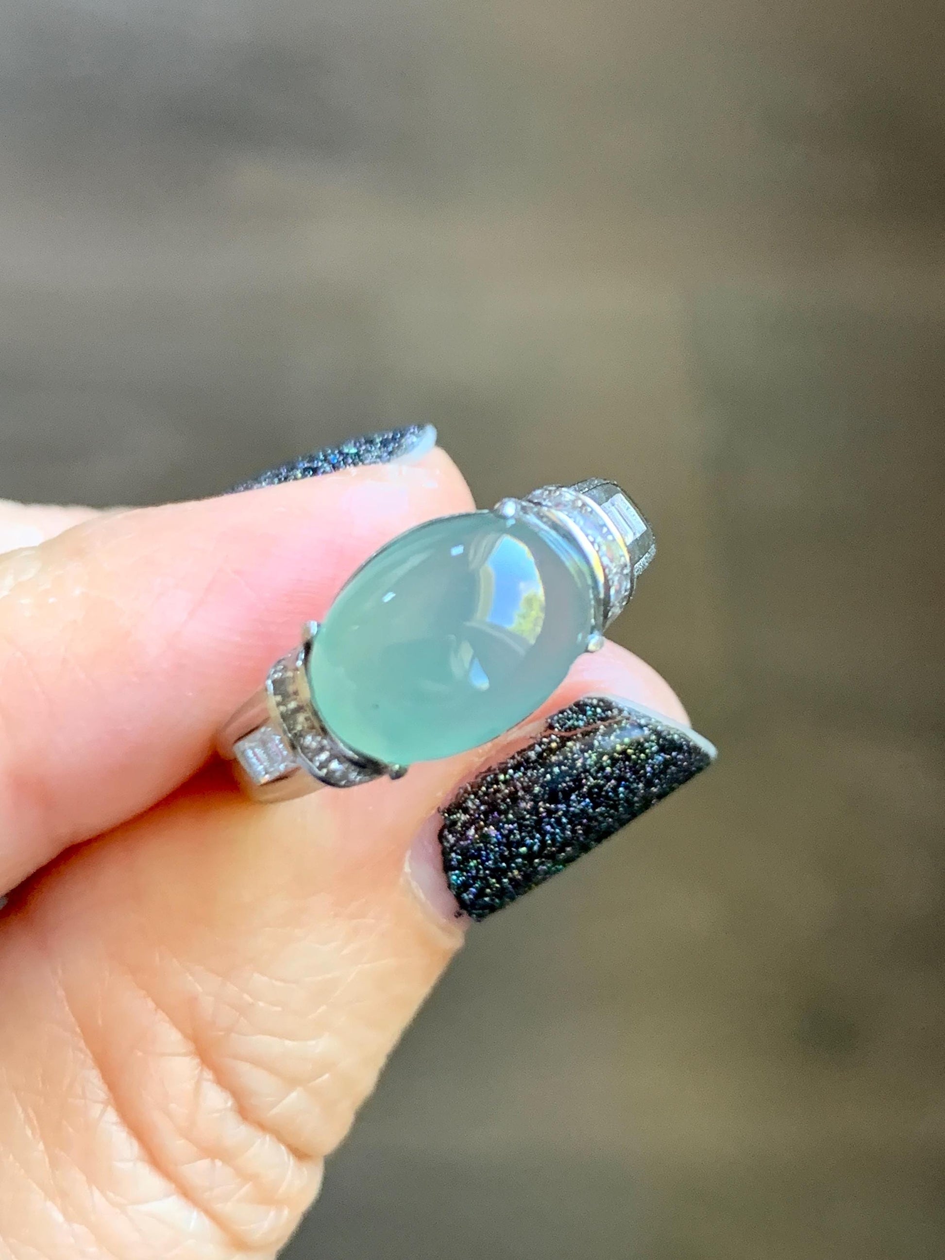 Natural Grade A Guatemalan Icy Translucent Light Teal Green Oval Jade Jadeite Ring Sterling Silver Size Adjustable 天然冰危浅蓝绿翡翠银镶戒指 JDX132A
