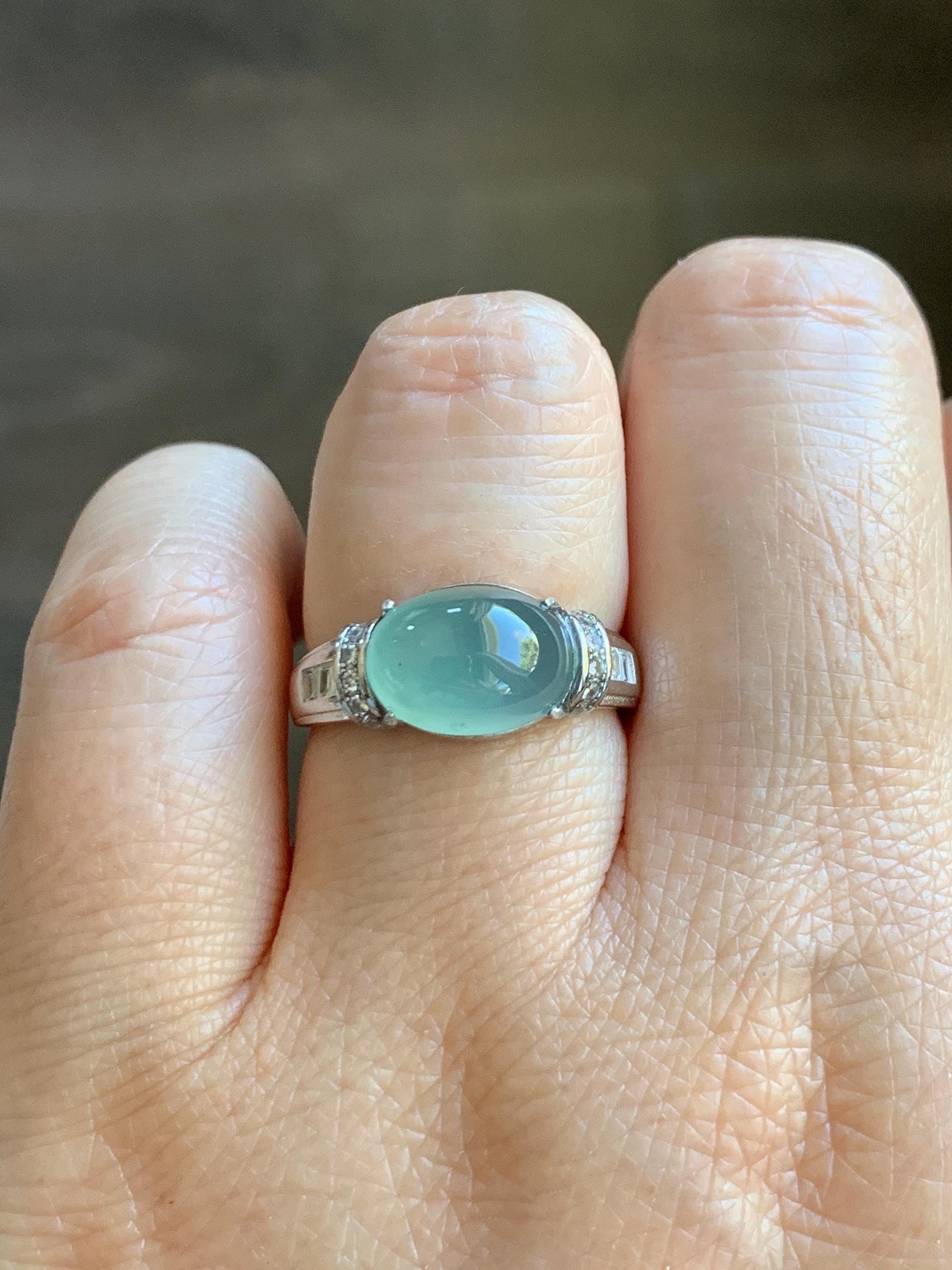 Natural Grade A Guatemalan Icy Translucent Light Teal Green Oval Jade Jadeite Ring Sterling Silver Size Adjustable 天然冰危浅蓝绿翡翠银镶戒指 JDX132A