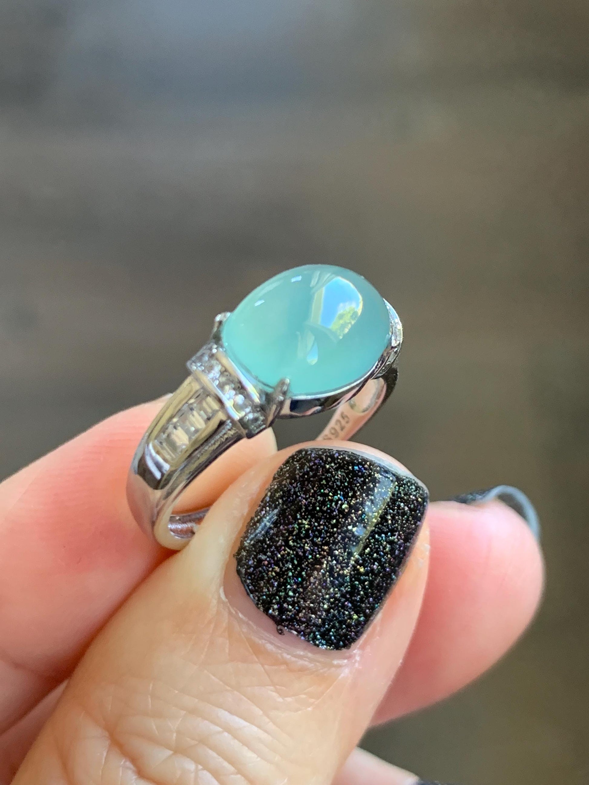 Natural Grade A Guatemalan Icy Translucent Light Teal Green Oval Jade Jadeite Ring Sterling Silver Size Adjustable 天然冰危浅蓝绿翡翠银镶戒指 JDX132A