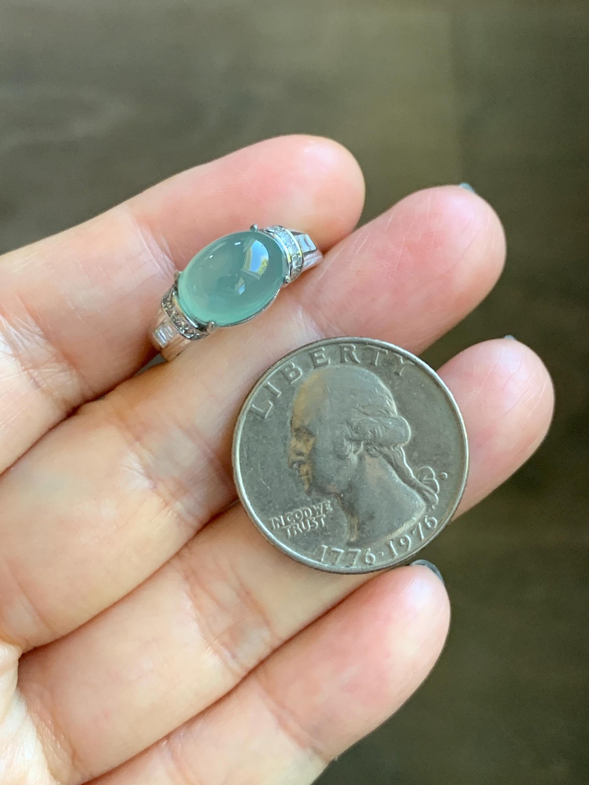 Natural Grade A Guatemalan Icy Translucent Light Teal Green Oval Jade Jadeite Ring Sterling Silver Size Adjustable 天然冰危浅蓝绿翡翠银镶戒指 JDX132A