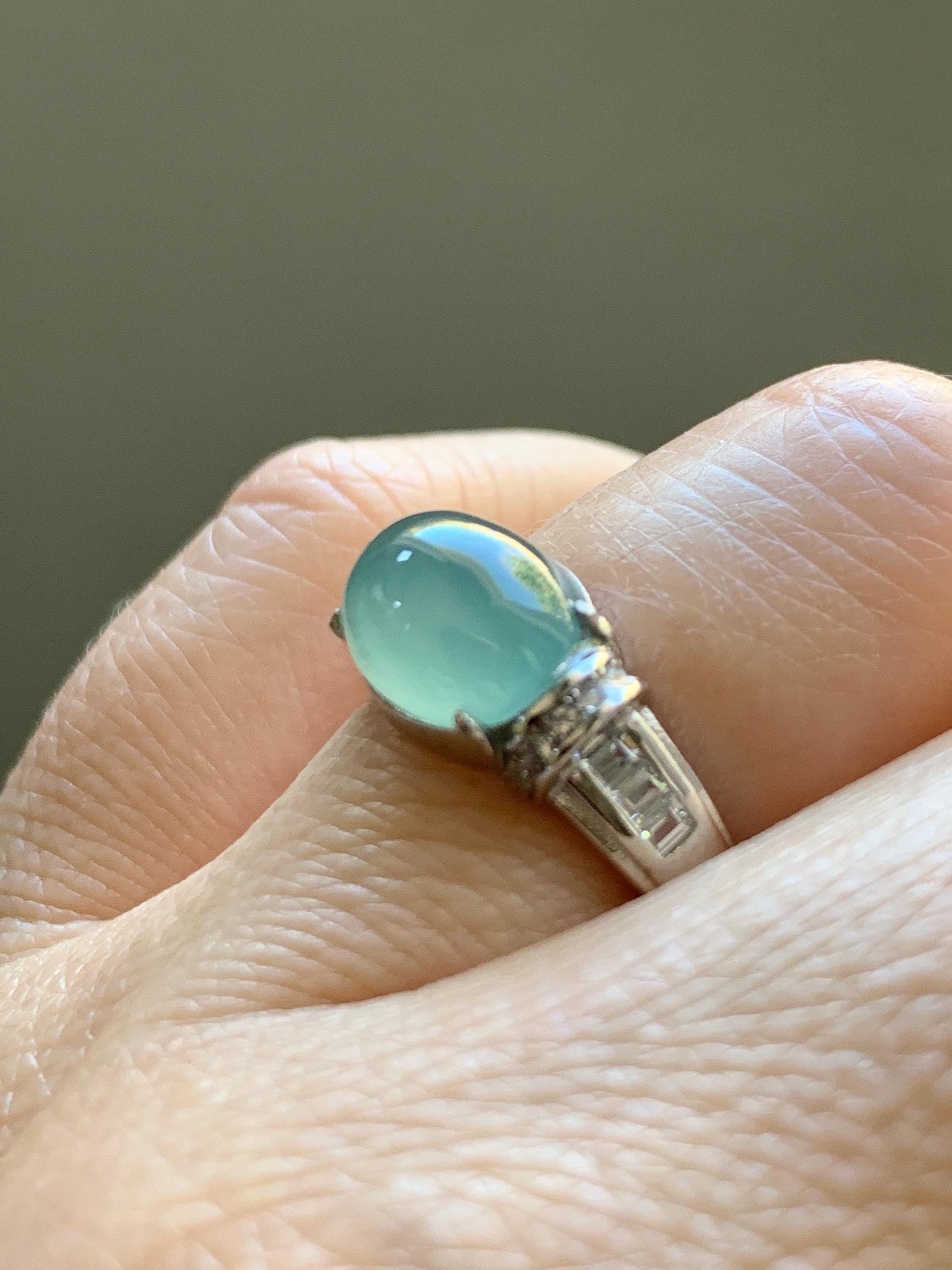 Natural Grade A Guatemalan Icy Translucent Light Teal Green Oval Jade Jadeite Ring Sterling Silver Size Adjustable 天然冰危浅蓝绿翡翠银镶戒指 JDX132A