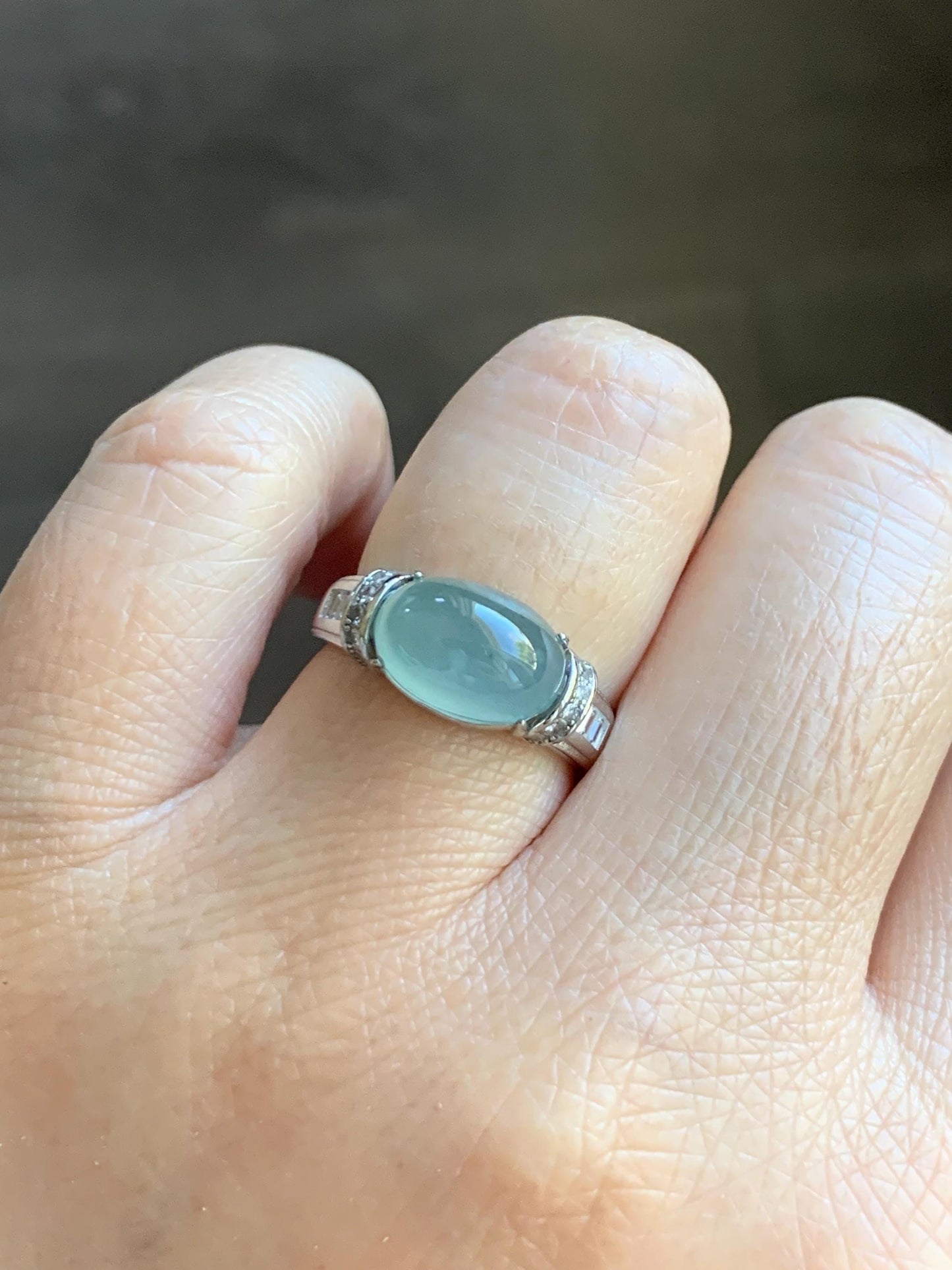 Natural Grade A Guatemalan Icy Translucent Light Teal Blue Oval Jade Jadeite Ring Sterling Silver Size Adjustable 天然冰危浅蓝翡翠银镶戒指 JDX132B