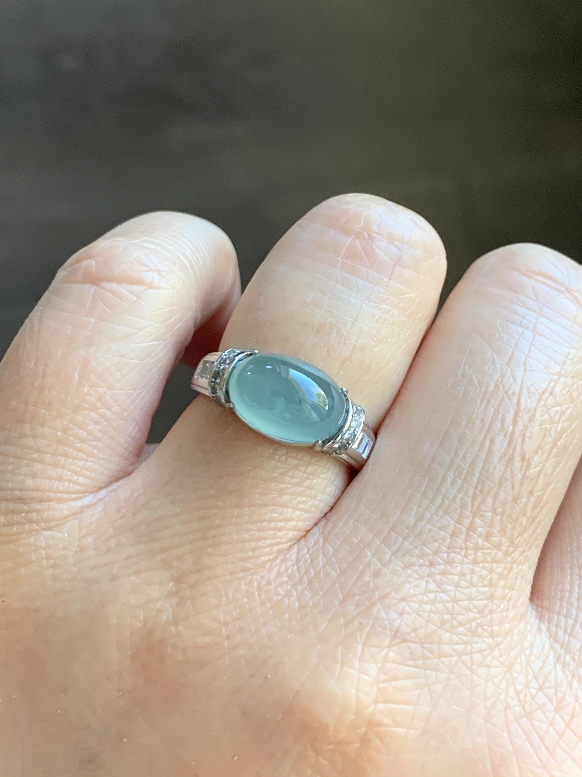 Natural Grade A Guatemalan Icy Translucent Light Teal Blue Oval Jade Jadeite Ring Sterling Silver Size Adjustable 天然冰危浅蓝翡翠银镶戒指 JDX132B