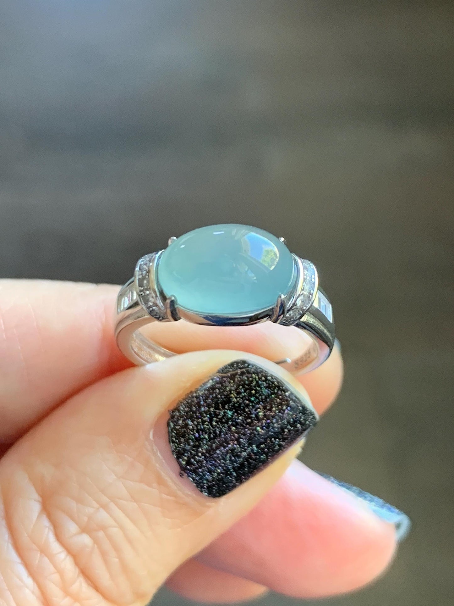 Natural Grade A Guatemalan Icy Translucent Light Teal Blue Oval Jade Jadeite Ring Sterling Silver Size Adjustable 天然冰危浅蓝翡翠银镶戒指 JDX132B