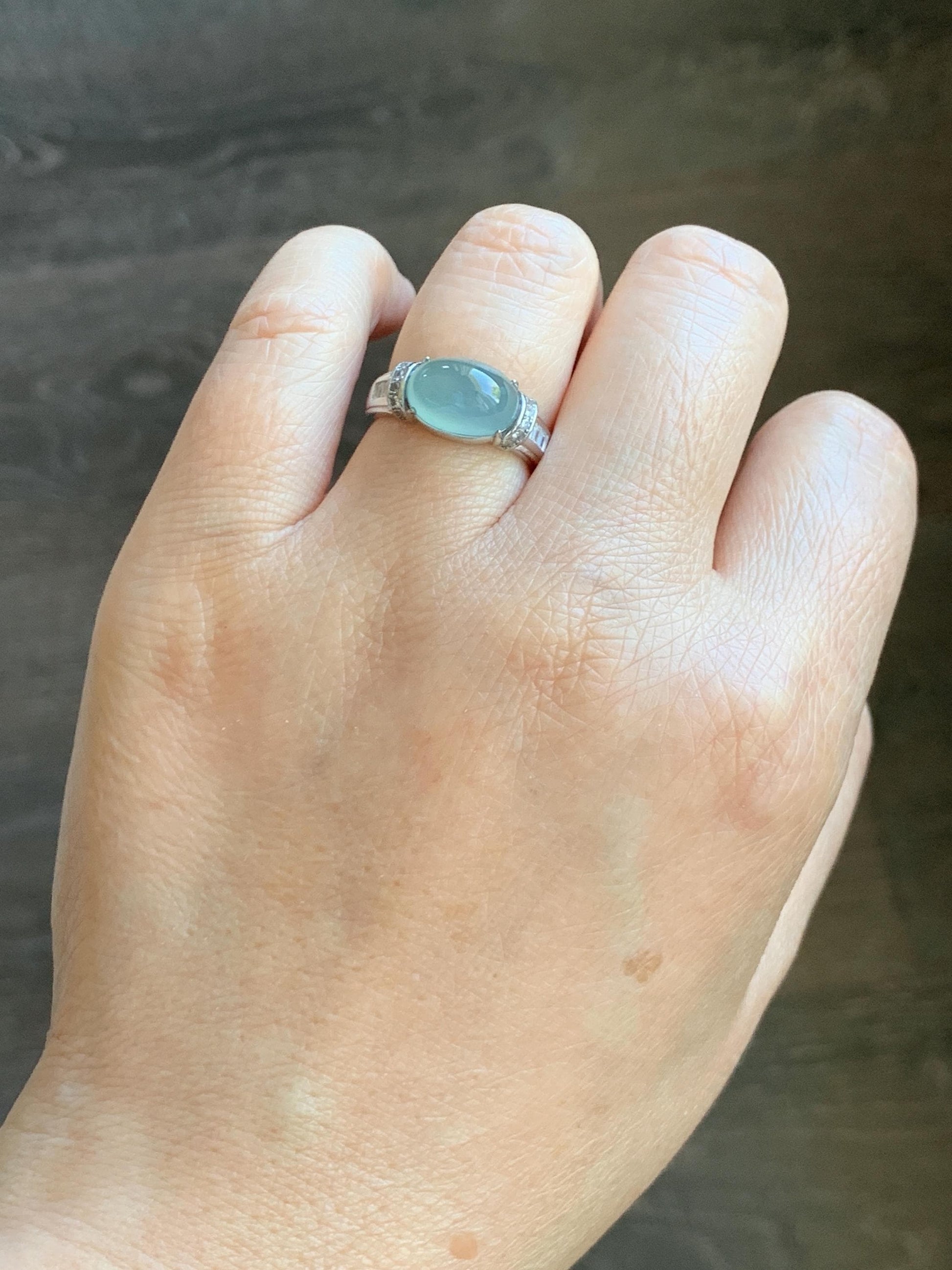 Natural Grade A Guatemalan Icy Translucent Light Teal Blue Oval Jade Jadeite Ring Sterling Silver Size Adjustable 天然冰危浅蓝翡翠银镶戒指 JDX132B