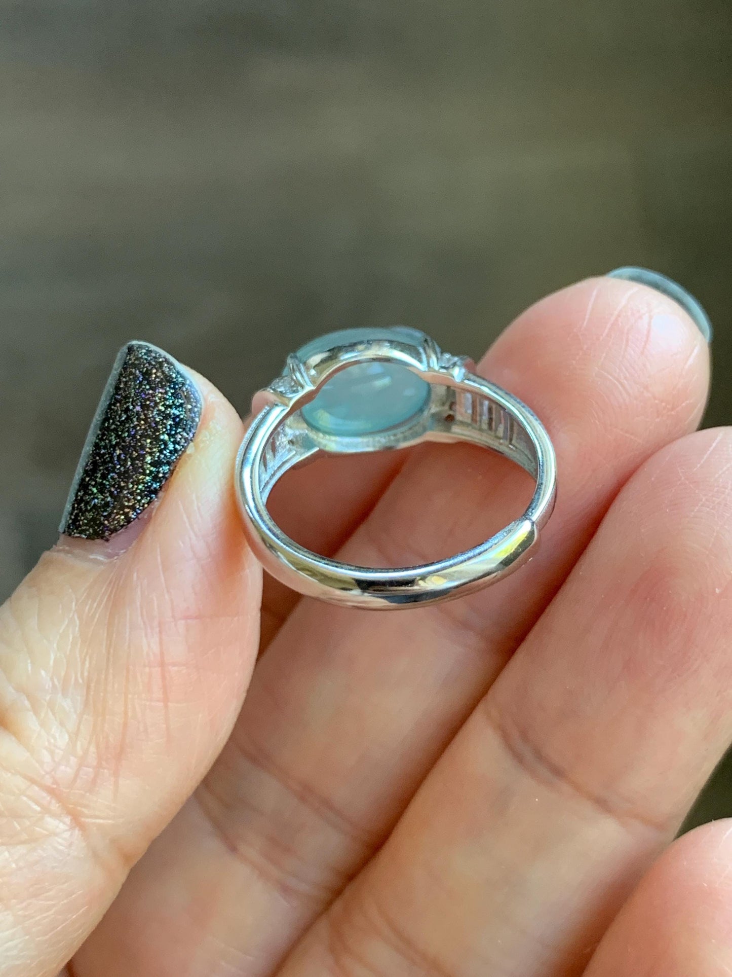 Natural Grade A Guatemalan Icy Translucent Light Teal Blue Oval Jade Jadeite Ring Sterling Silver Size Adjustable 天然冰危浅蓝翡翠银镶戒指 JDX132B