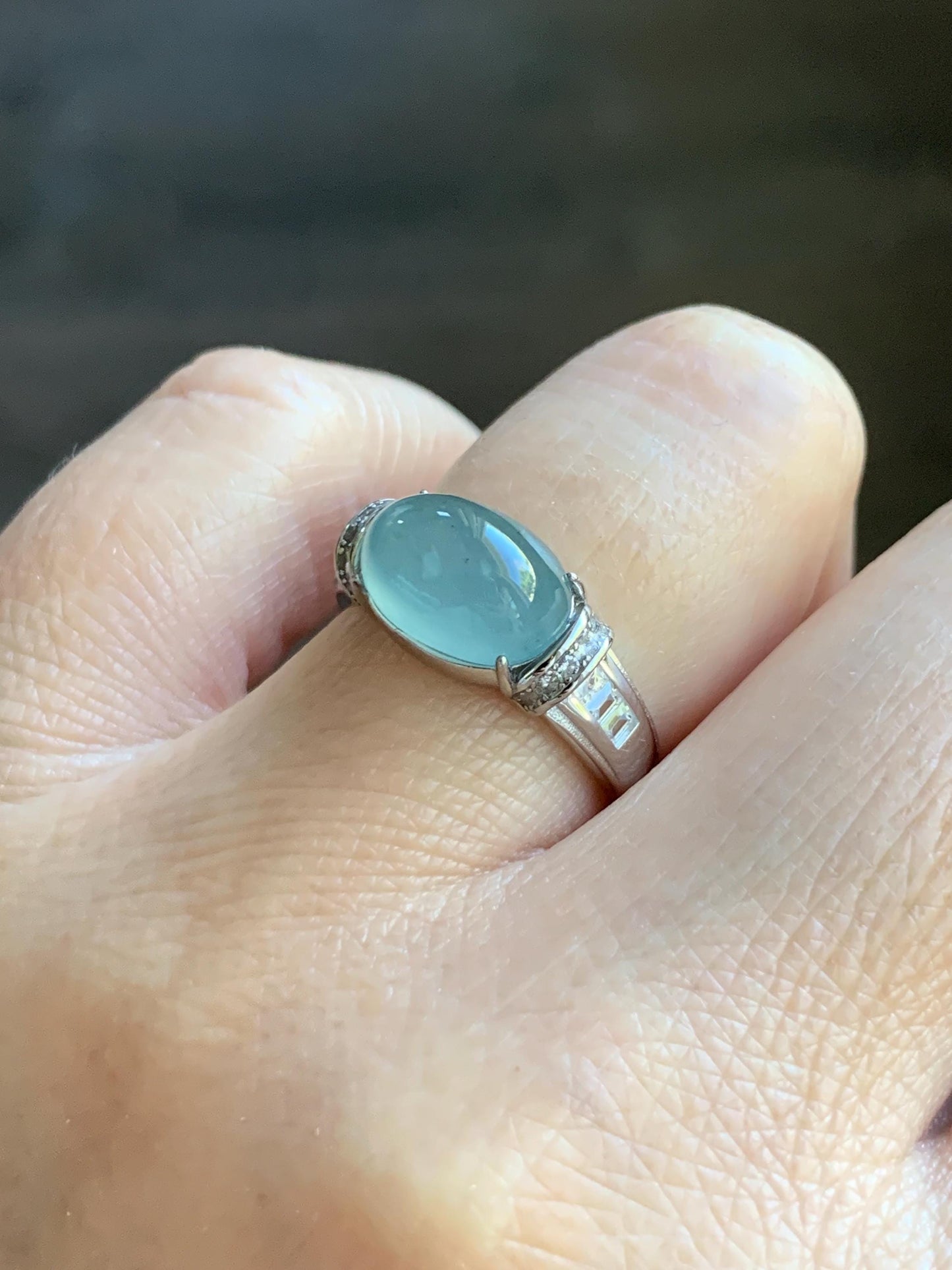 Natural Grade A Guatemalan Icy Translucent Light Teal Blue Oval Jade Jadeite Ring Sterling Silver Size Adjustable 天然冰危浅蓝翡翠银镶戒指 JDX132B