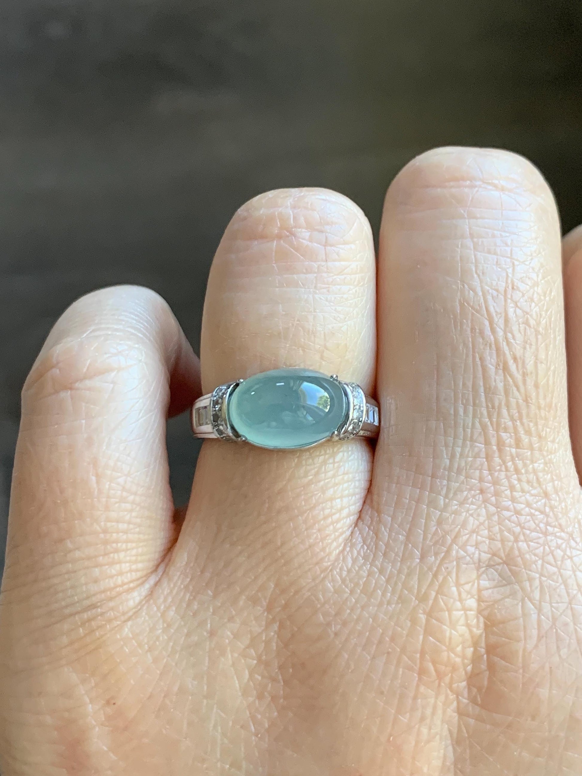 Natural Grade A Guatemalan Icy Translucent Light Teal Blue Oval Jade Jadeite Ring Sterling Silver Size Adjustable 天然冰危浅蓝翡翠银镶戒指 JDX132B